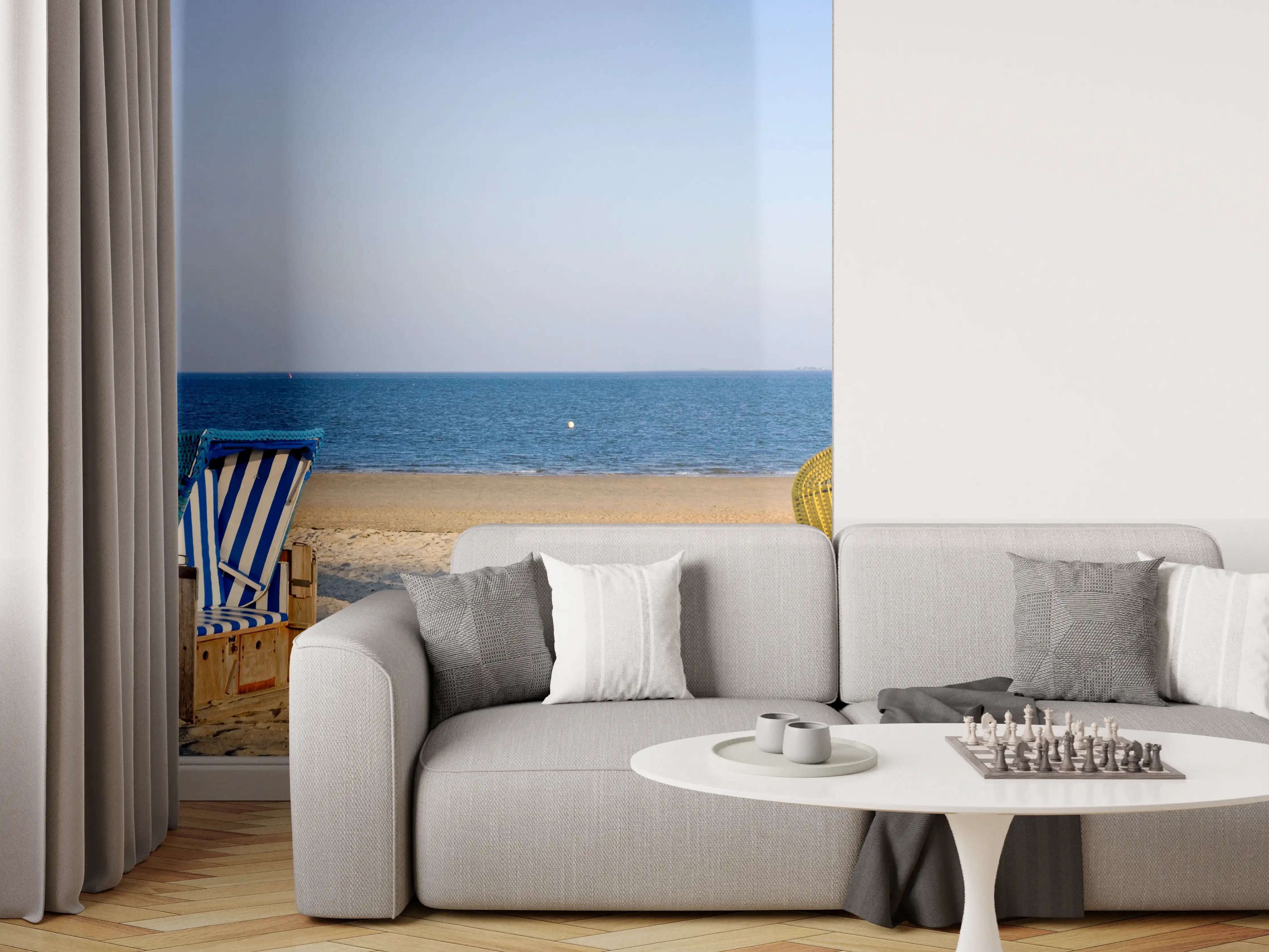 Wandverkleidung Wohnzimmer - Bunte Strandkörbe am Meer