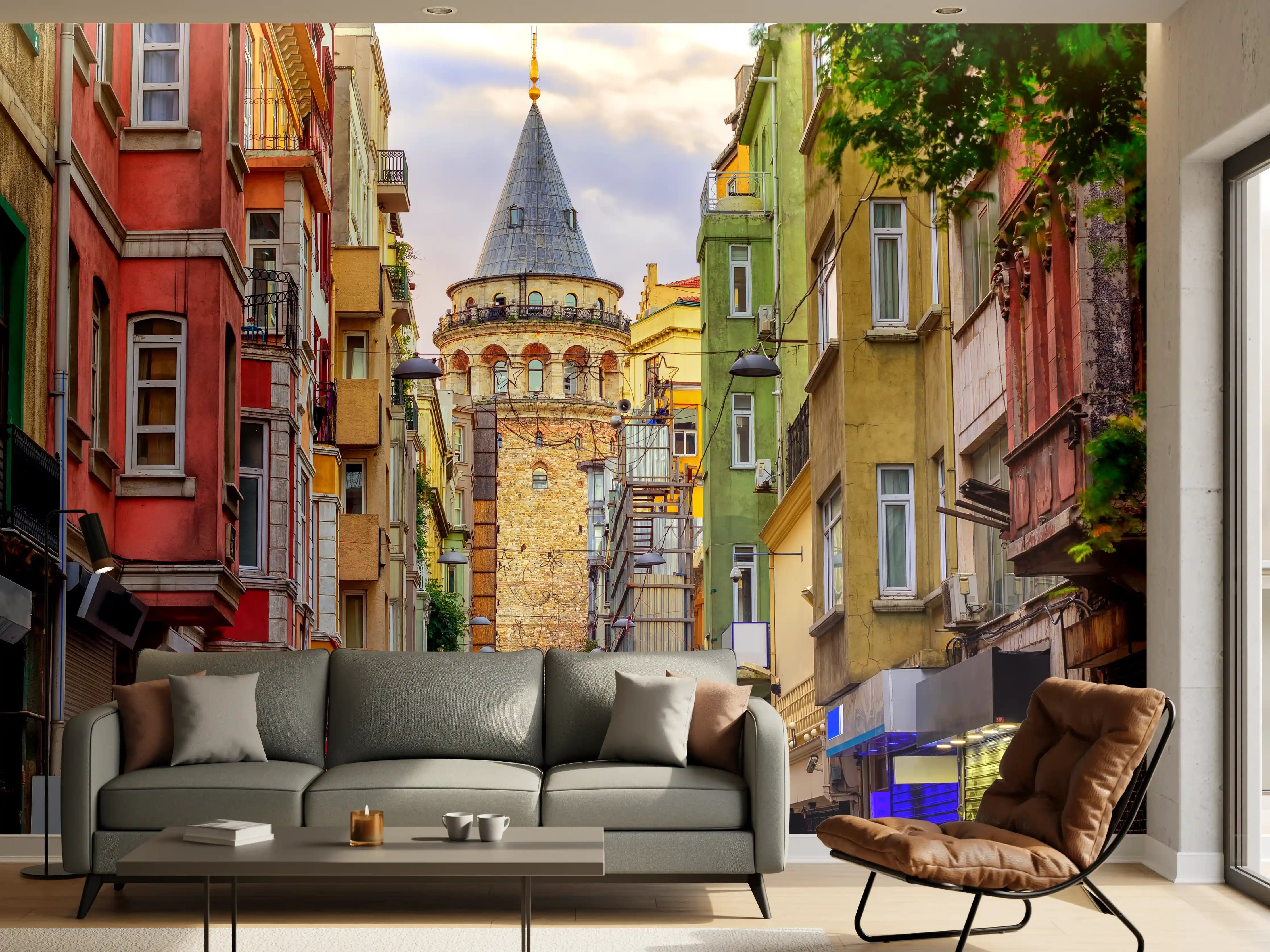 Wandverkleidung Wohnzimmer - Bunte Straßenszene mit historischer Türmelement