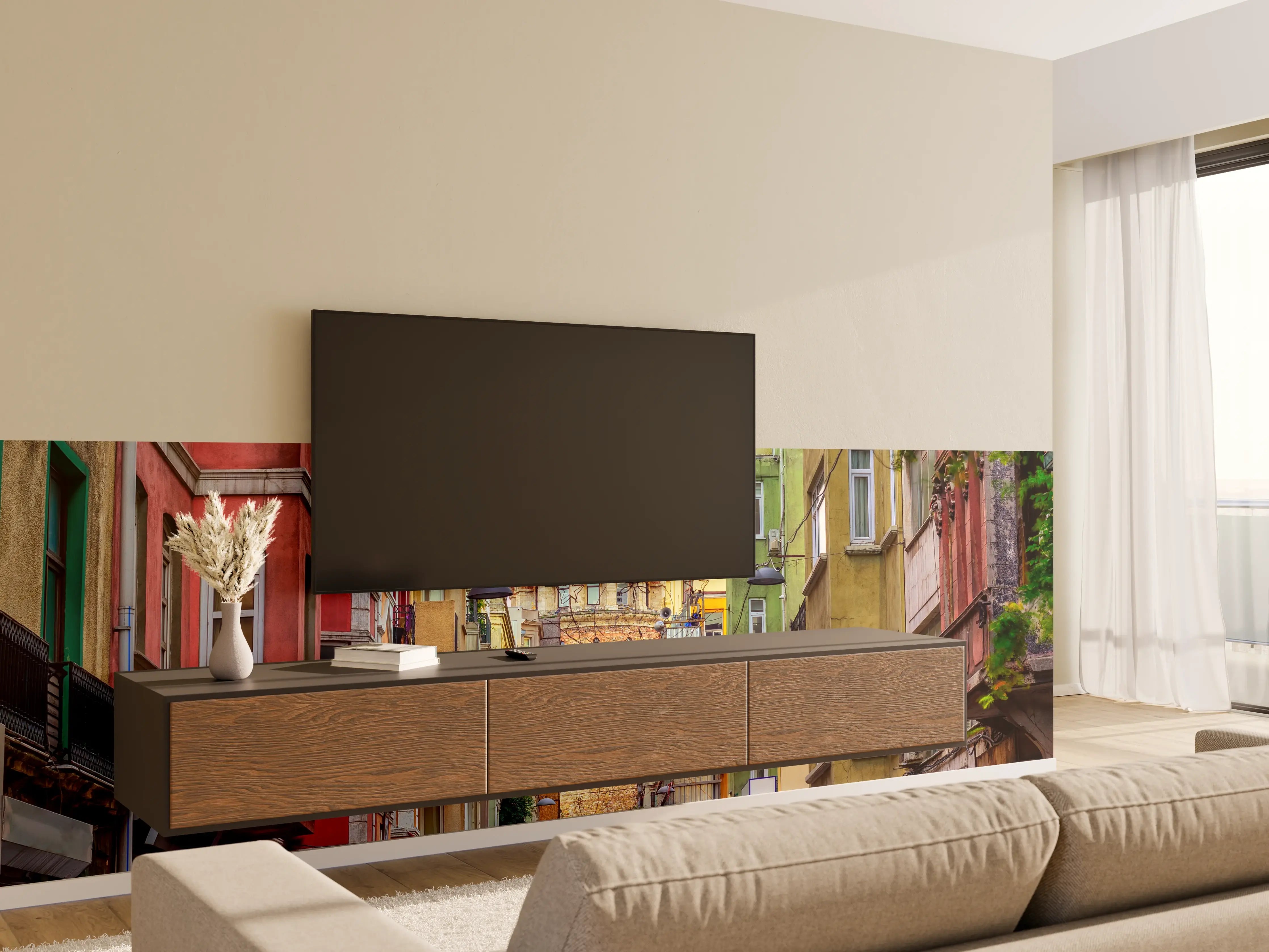 Wandverkleidung Wohnzimmer - Bunte Straßenszene mit historischer Türmelement