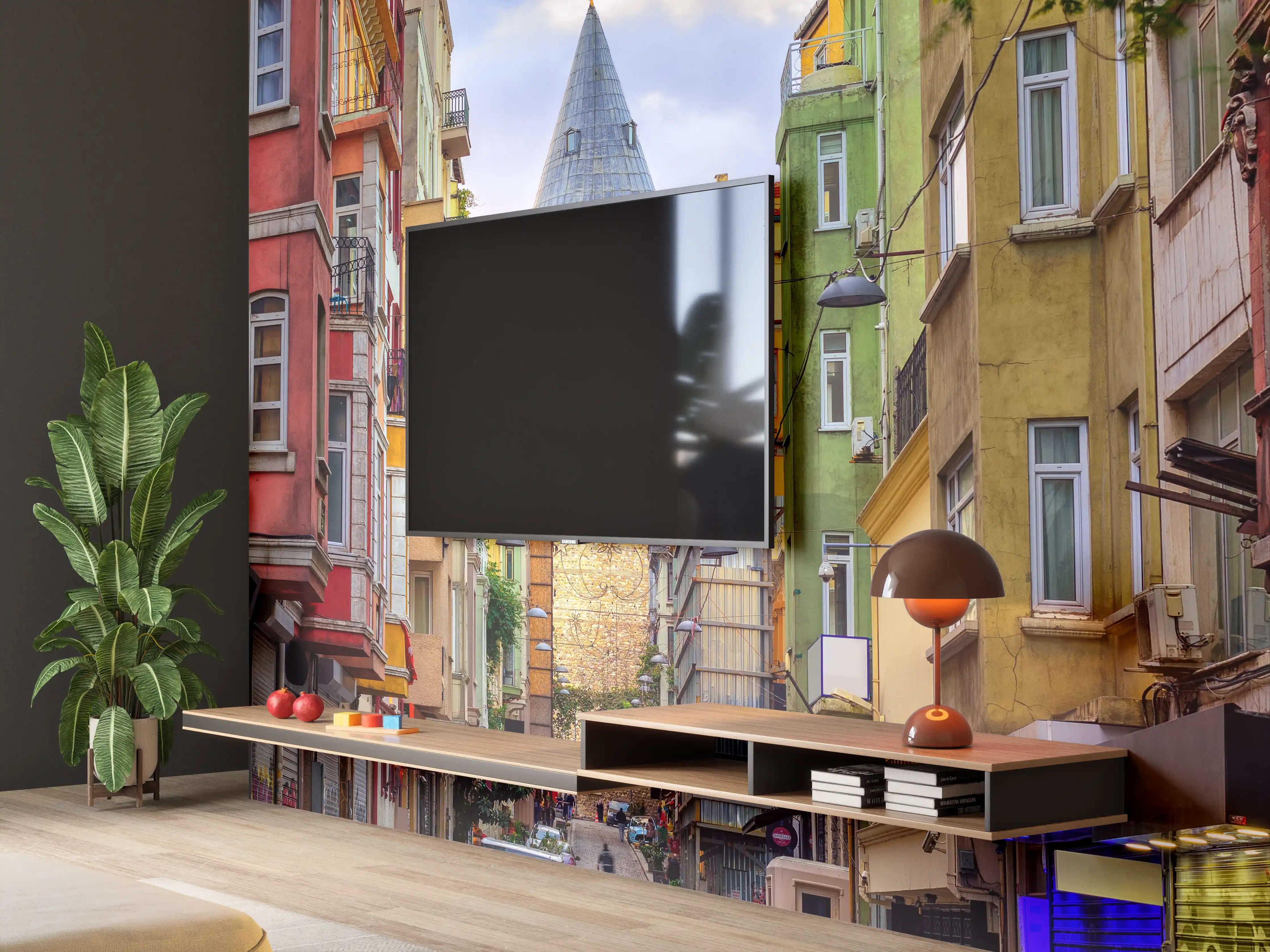 Wandverkleidung Wohnzimmer - Bunte Straßenszene mit historischer Türmelement