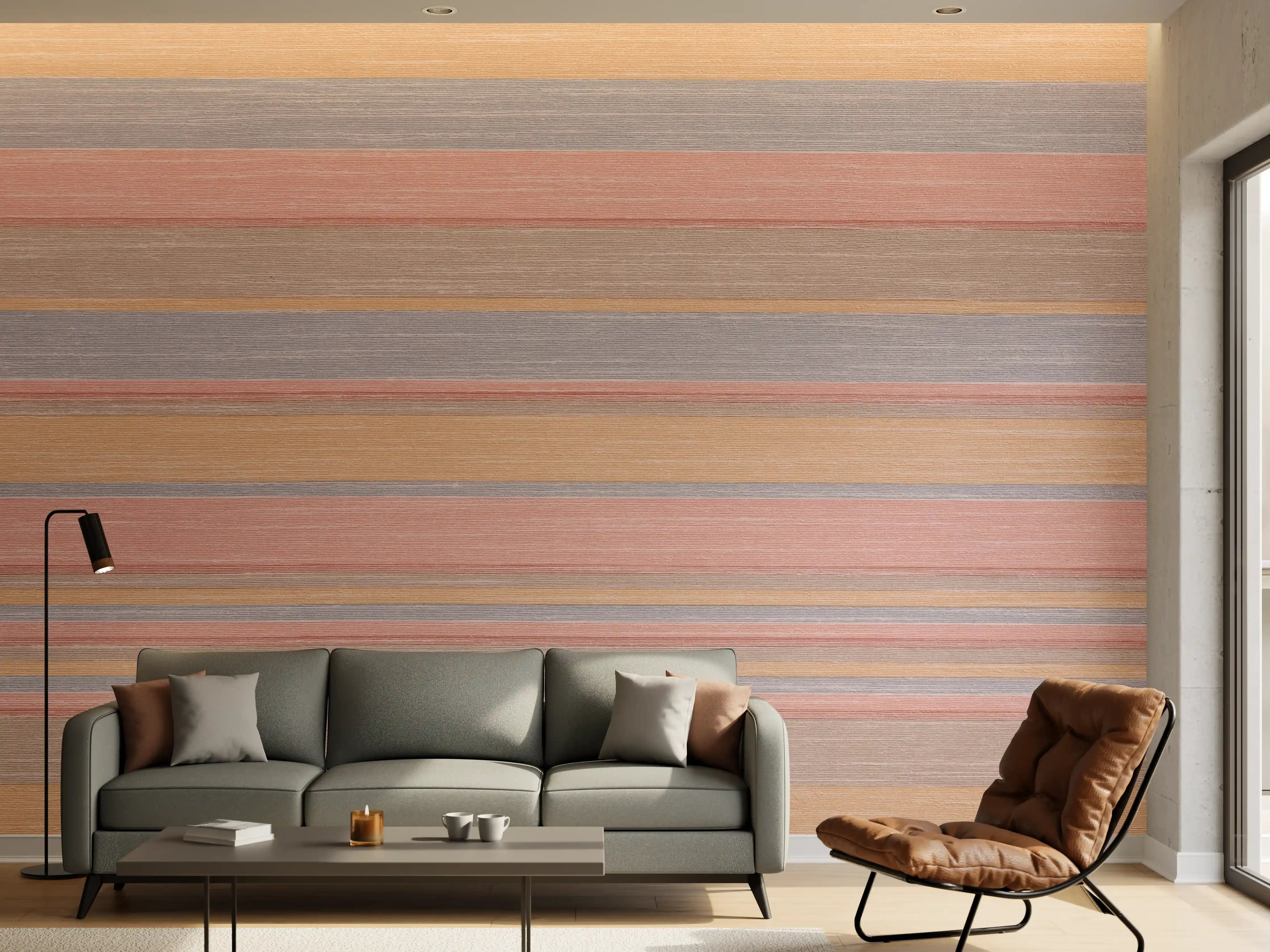 Wandverkleidung Wohnzimmer - Bunte Streifenstruktur mit natürlichen Holzfarben