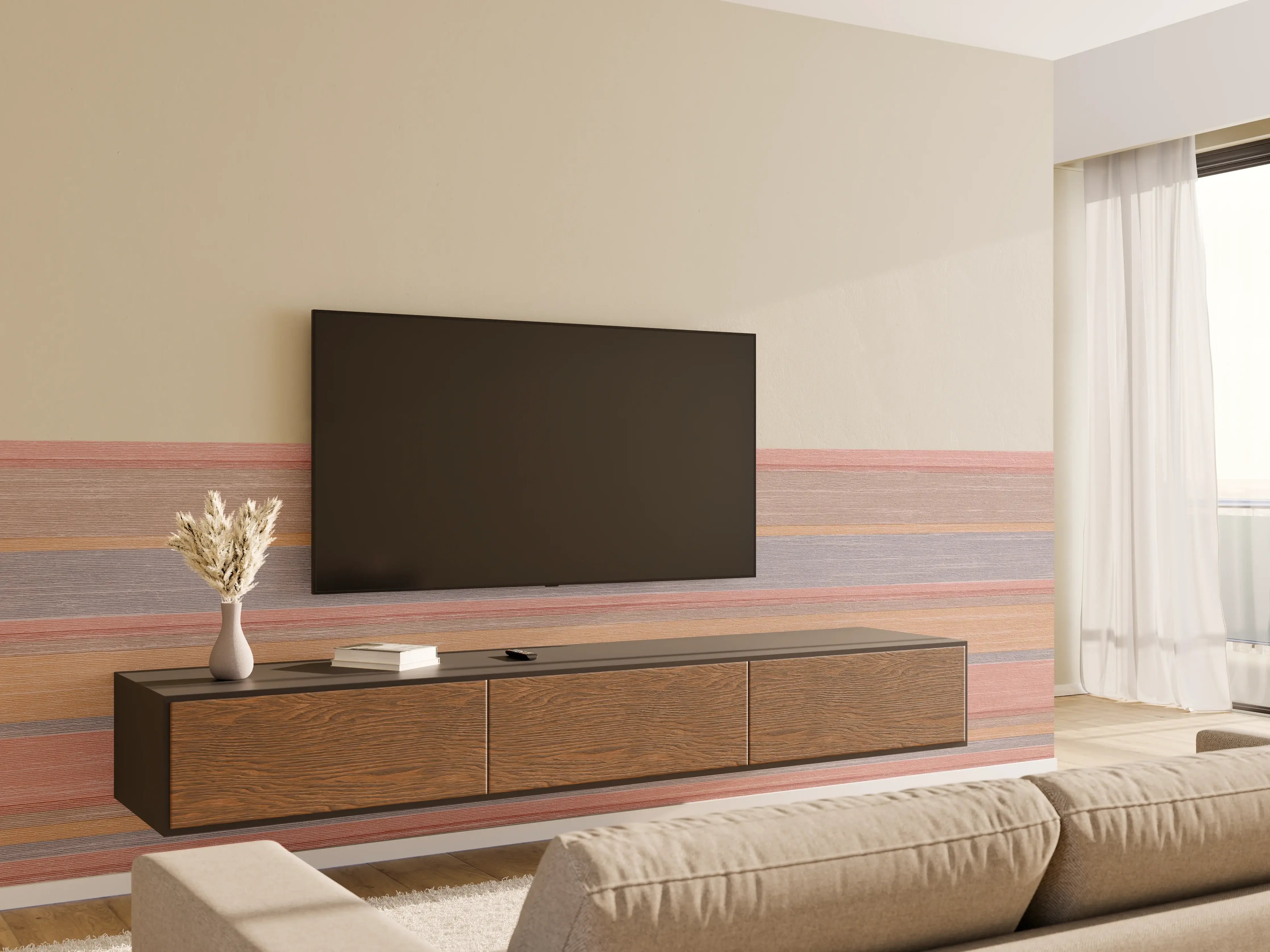 Wandverkleidung Wohnzimmer - Bunte Streifenstruktur mit natürlichen Holzfarben