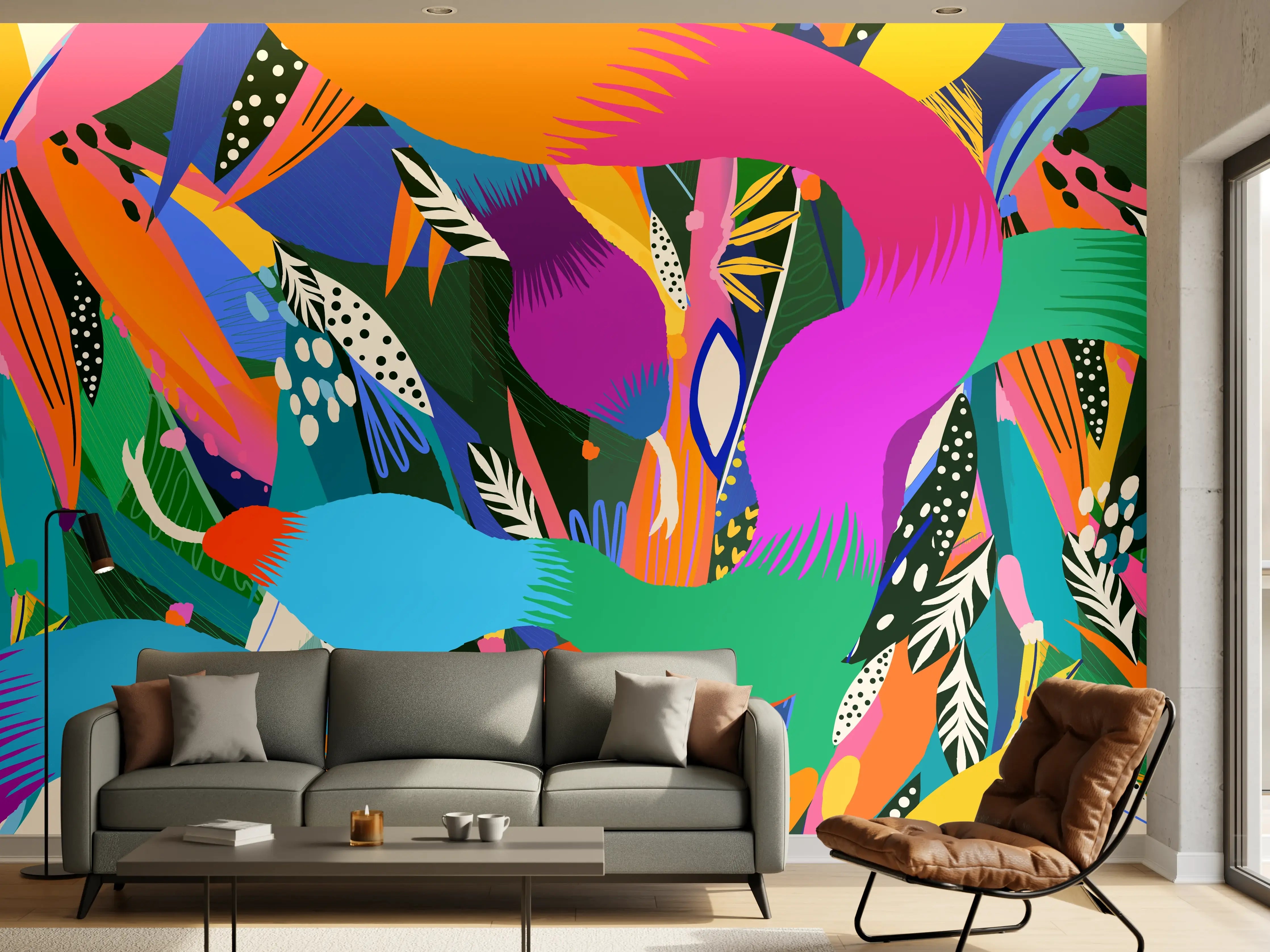 Wandverkleidung Wohnzimmer - Bunte Tropische Schlangen-Illustration