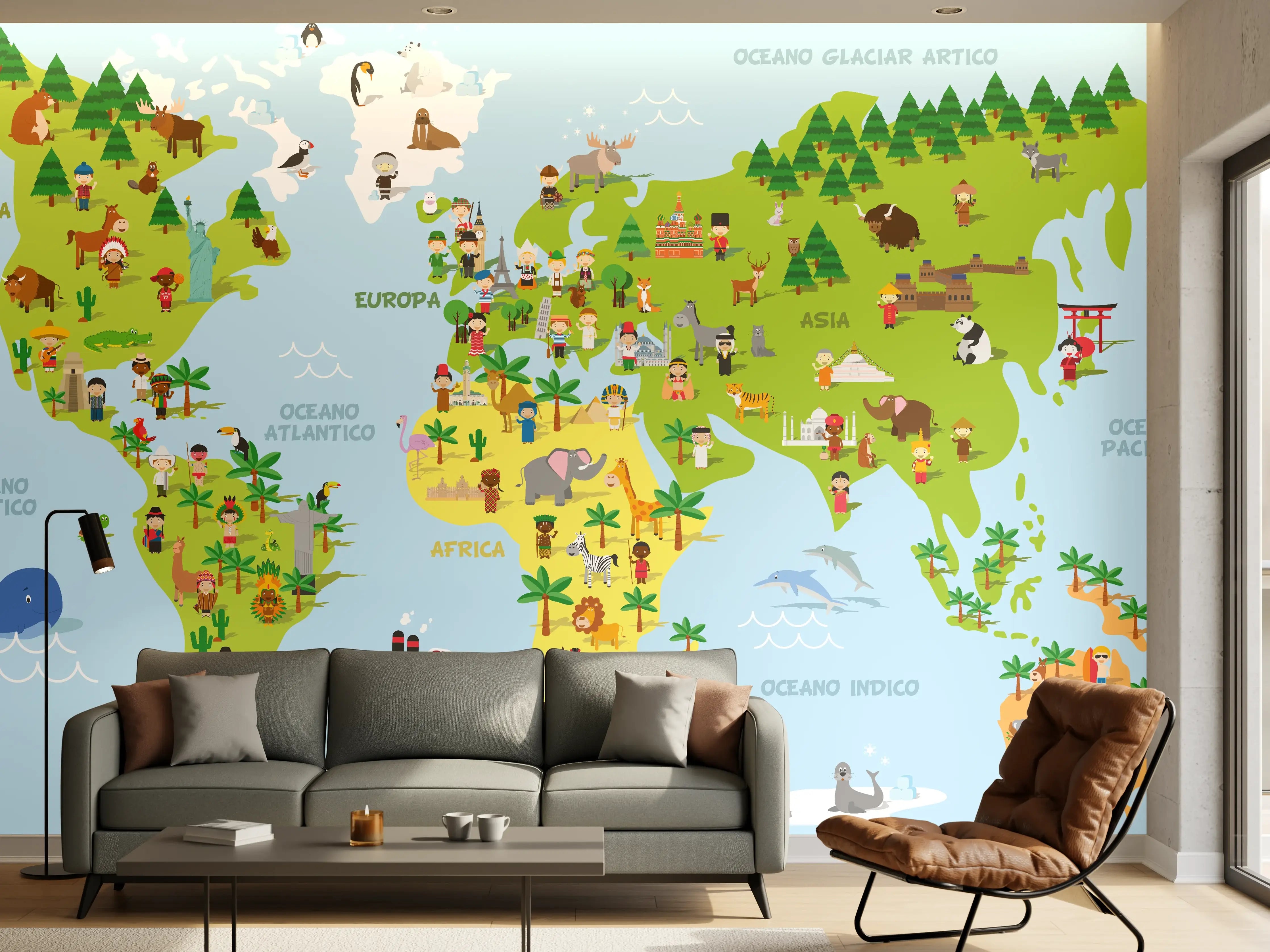 Wandverkleidung Wohnzimmer - Bunte Weltkarte Illustration
