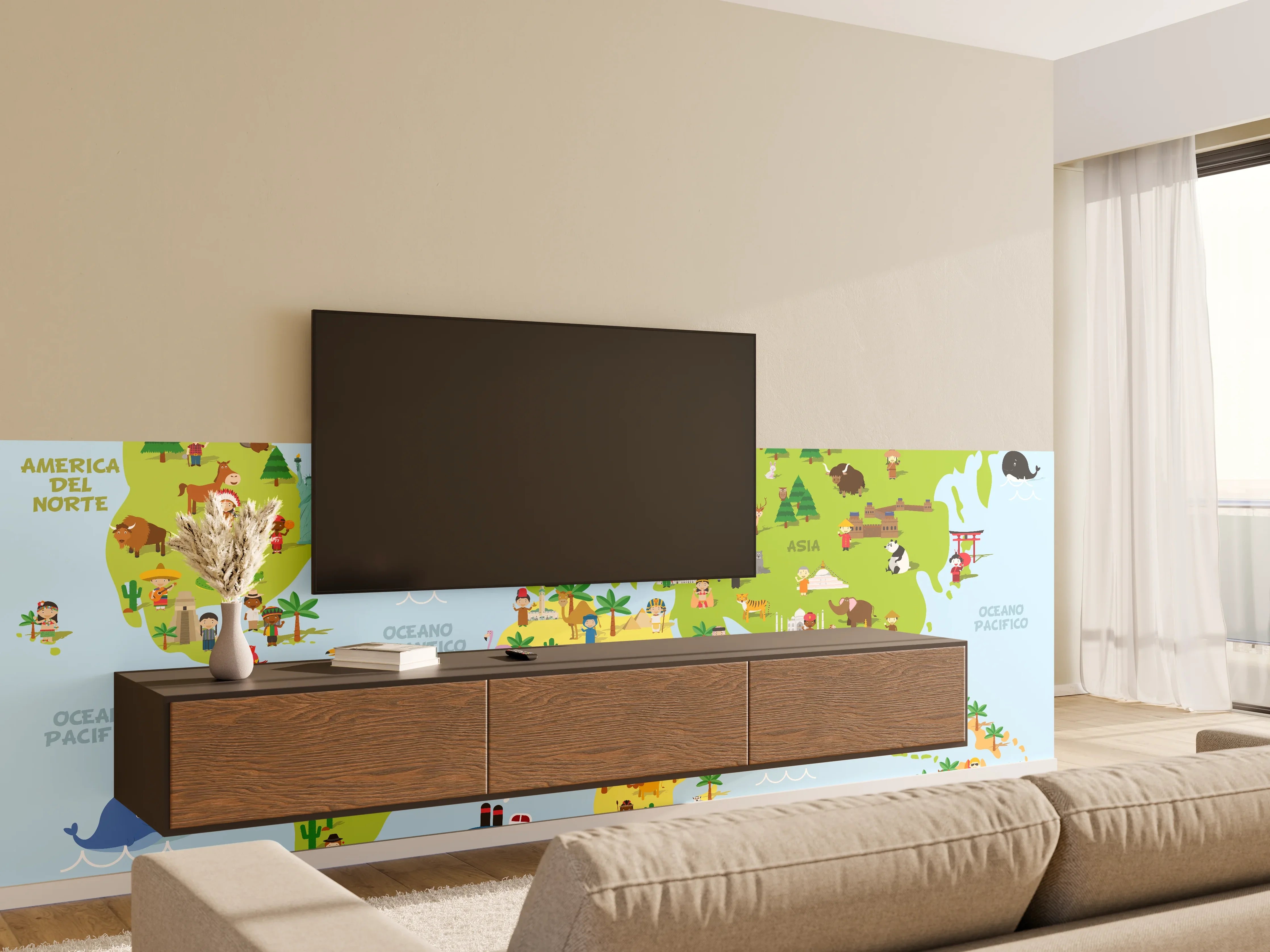 Wandverkleidung Wohnzimmer - Bunte Weltkarte Illustration