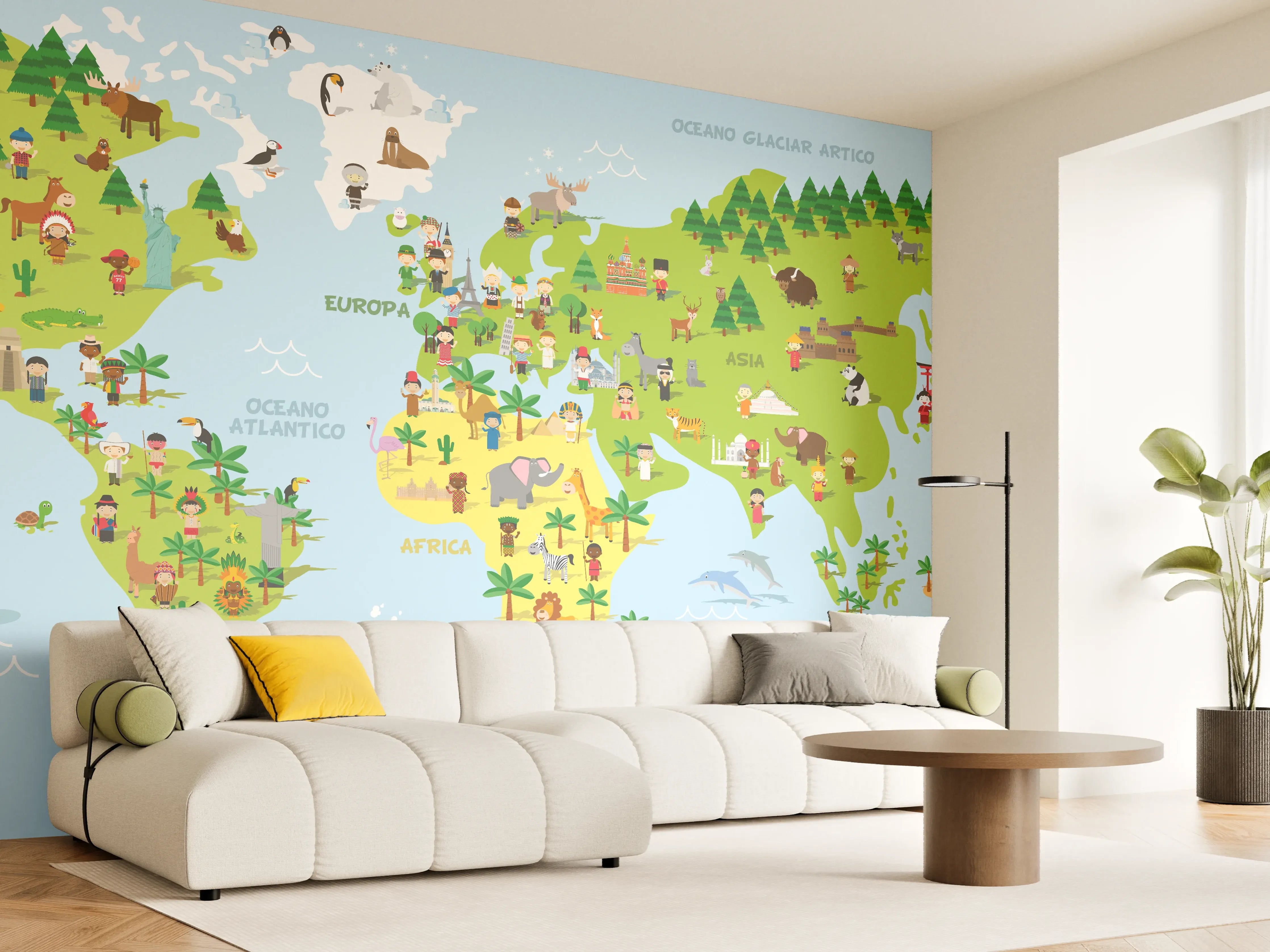 Wandverkleidung Wohnzimmer - Bunte Weltkarte Illustration