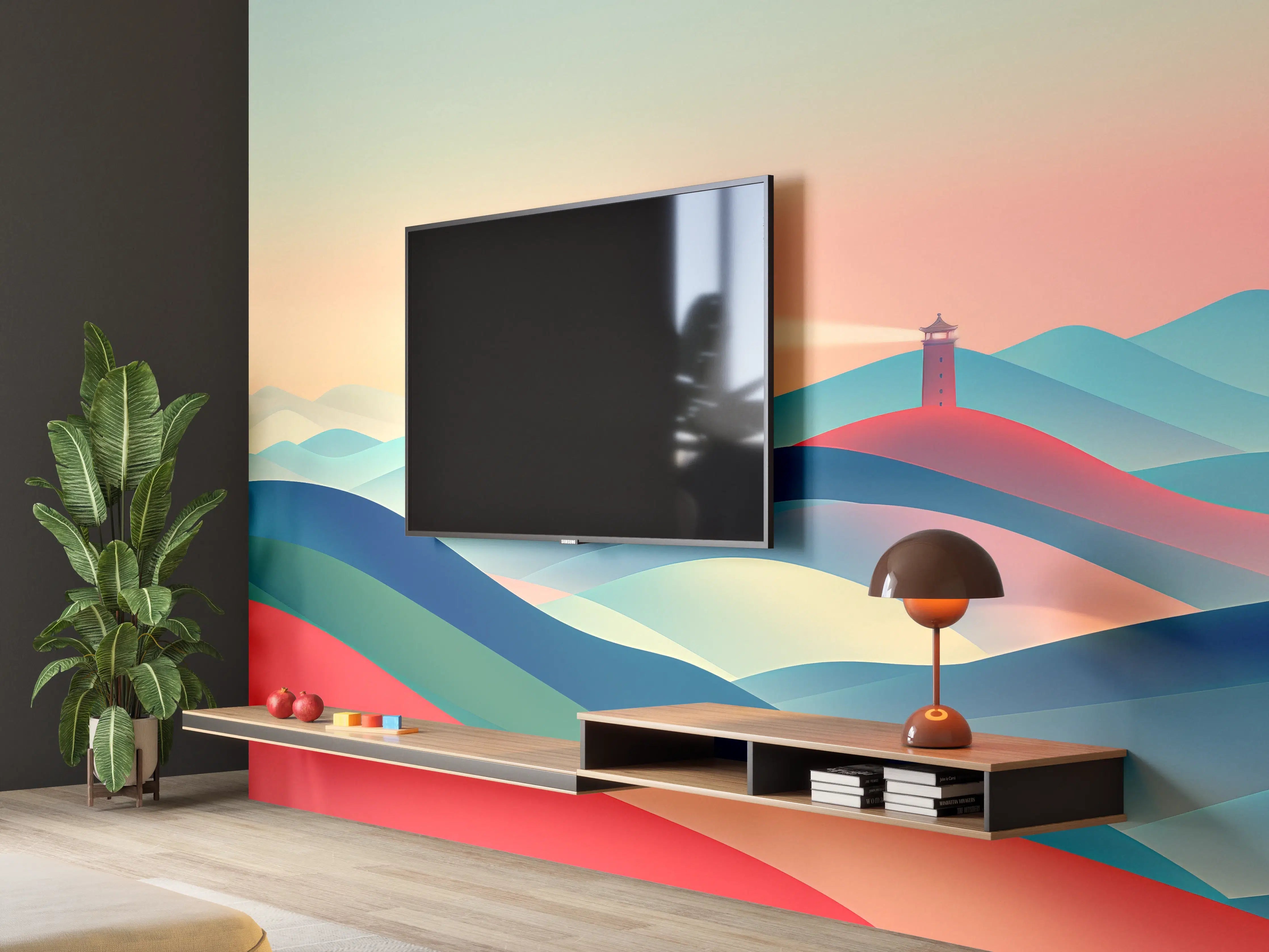 Wandverkleidung Wohnzimmer - Bunte abstrakte Landschaft mit Leuchtturm