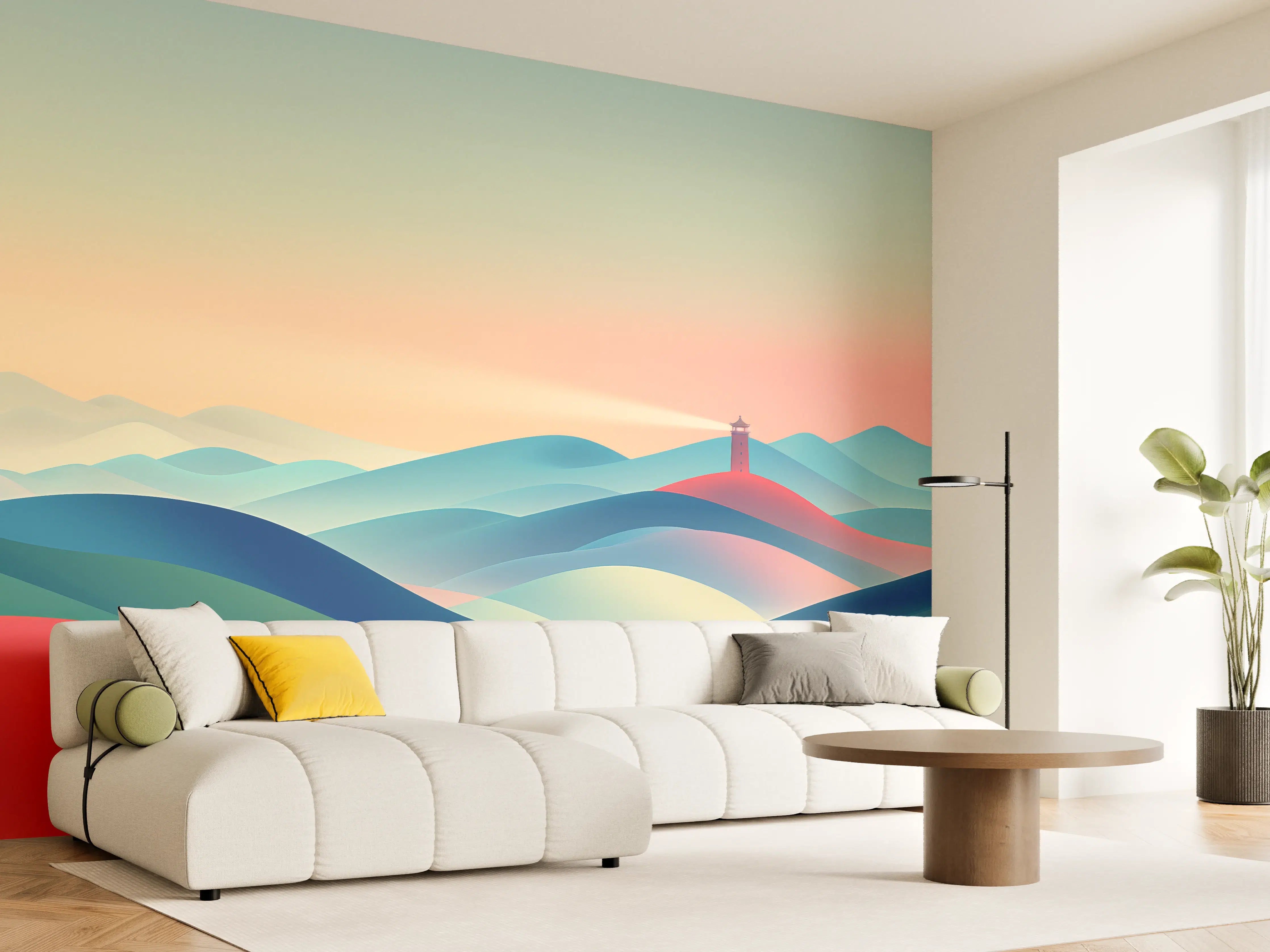 Wandverkleidung Wohnzimmer - Bunte abstrakte Landschaft mit Leuchtturm