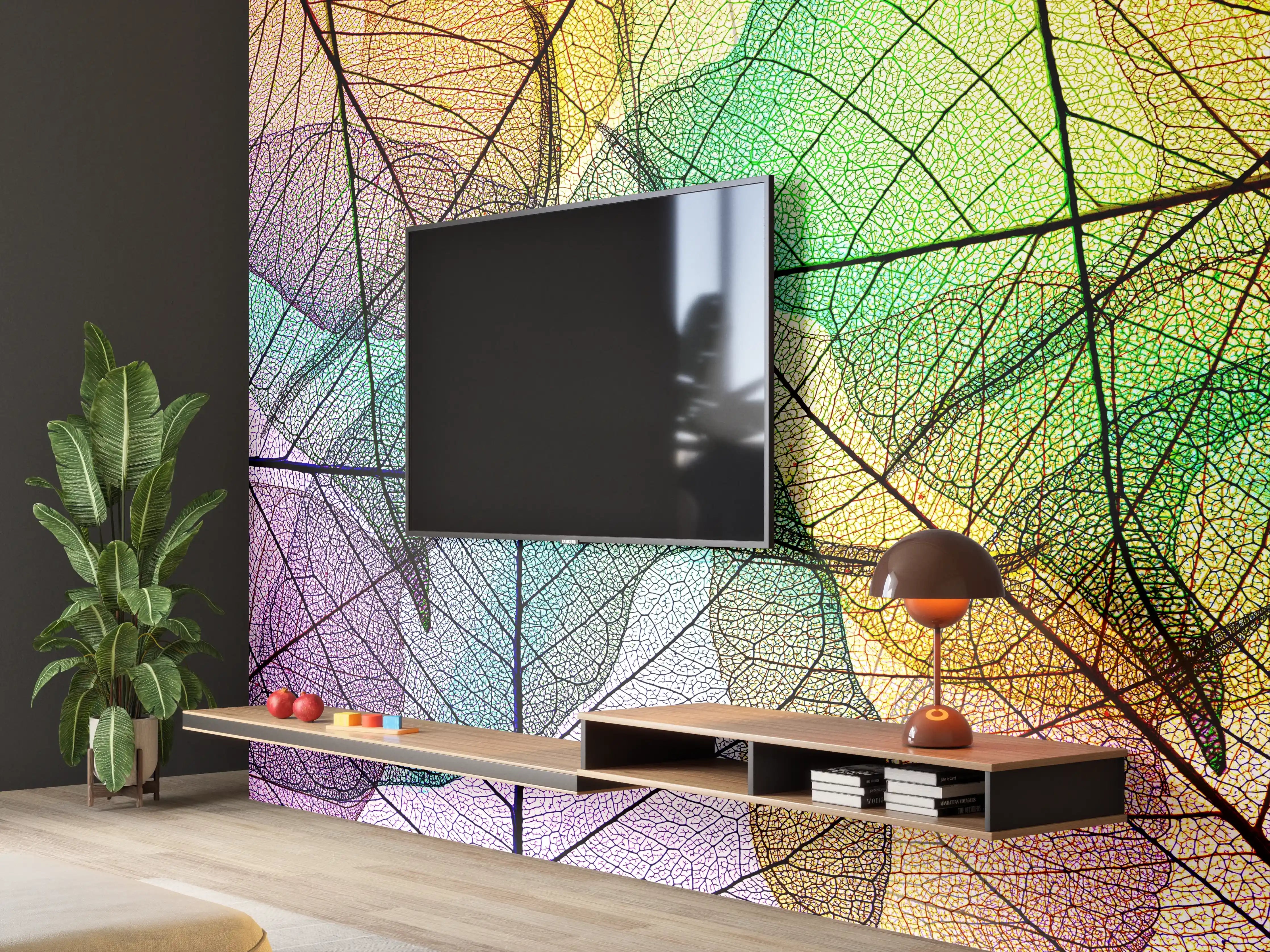 Wandverkleidung Wohnzimmer - Bunte, transparente Blätter im Farbenspiel
