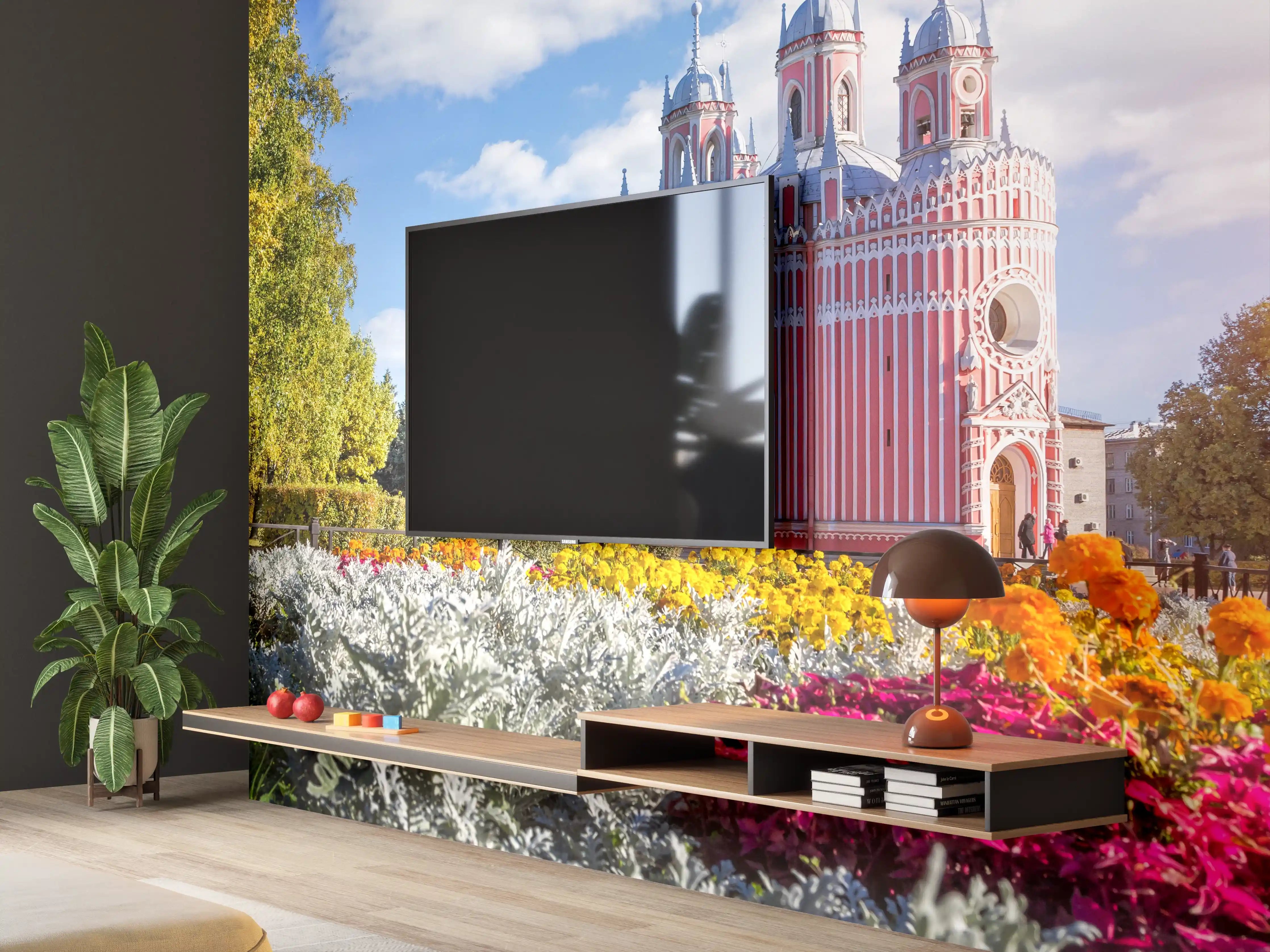 Wandverkleidung Wohnzimmer - Bunten Blumen vor märchenhaftem Schloss im Sonnenlicht