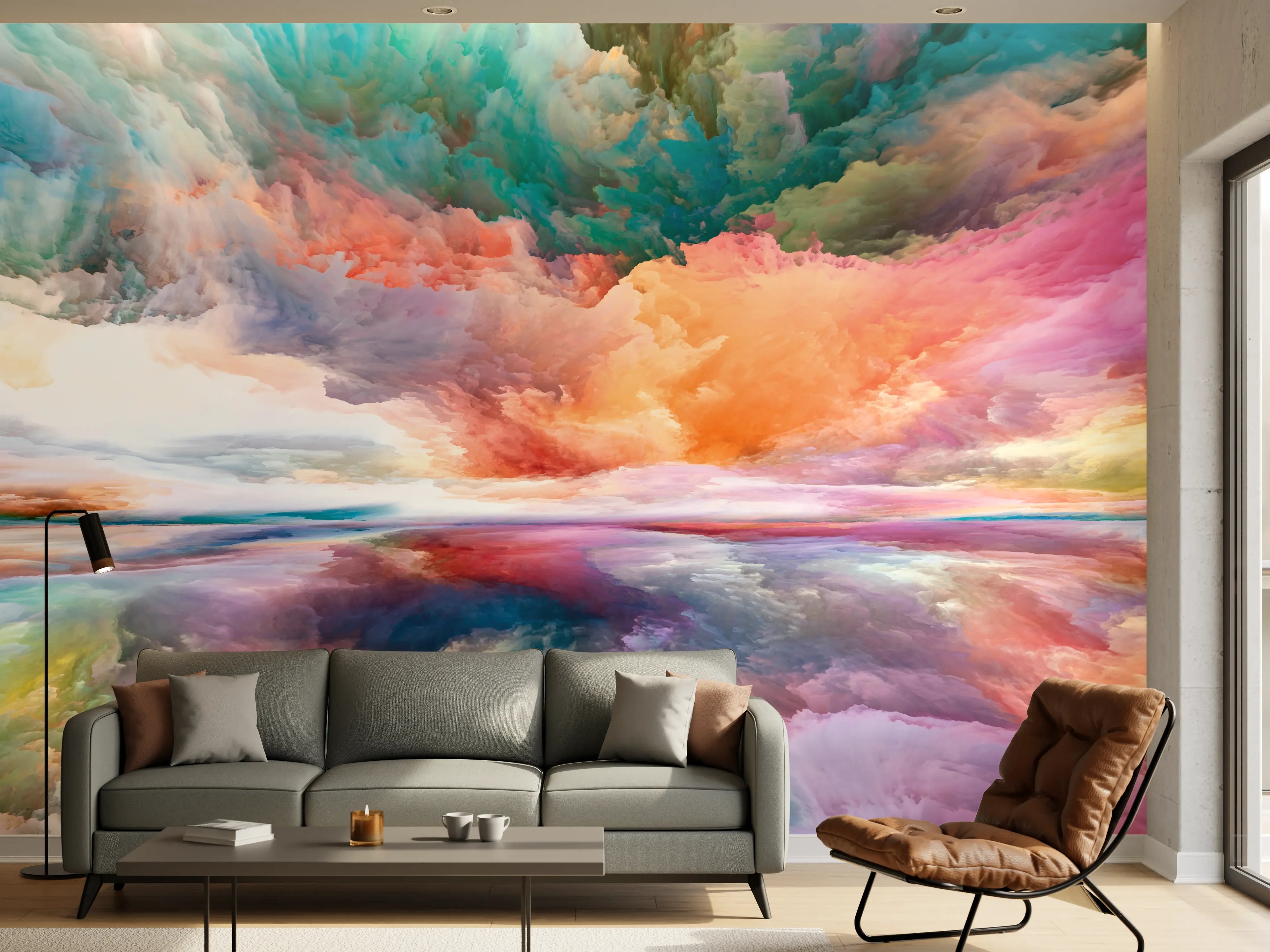 Wandverkleidung Wohnzimmer - Bunten Himmel mit Spiegelung am Wasser