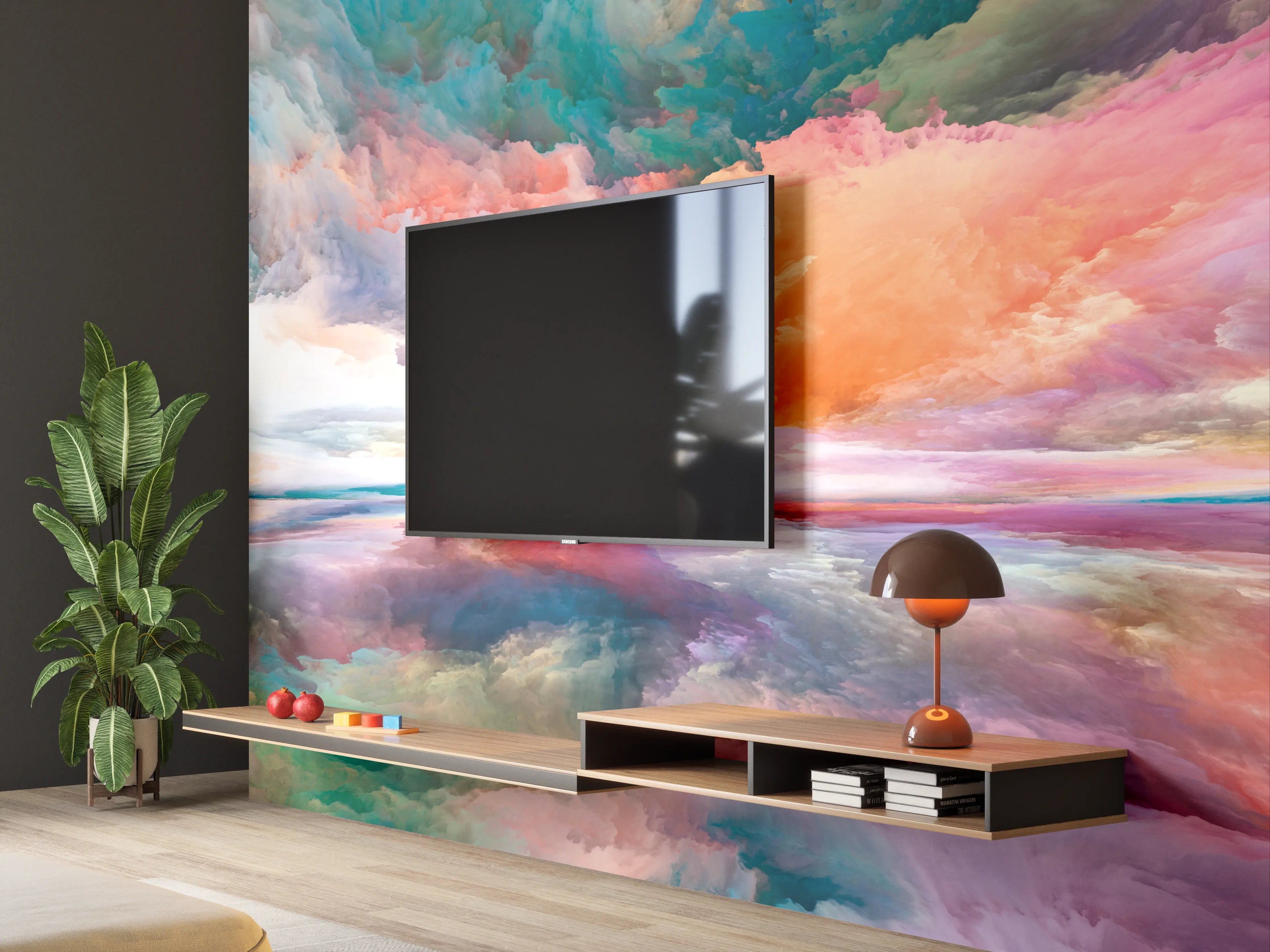 Wandverkleidung Wohnzimmer - Bunten Himmel mit Spiegelung am Wasser
