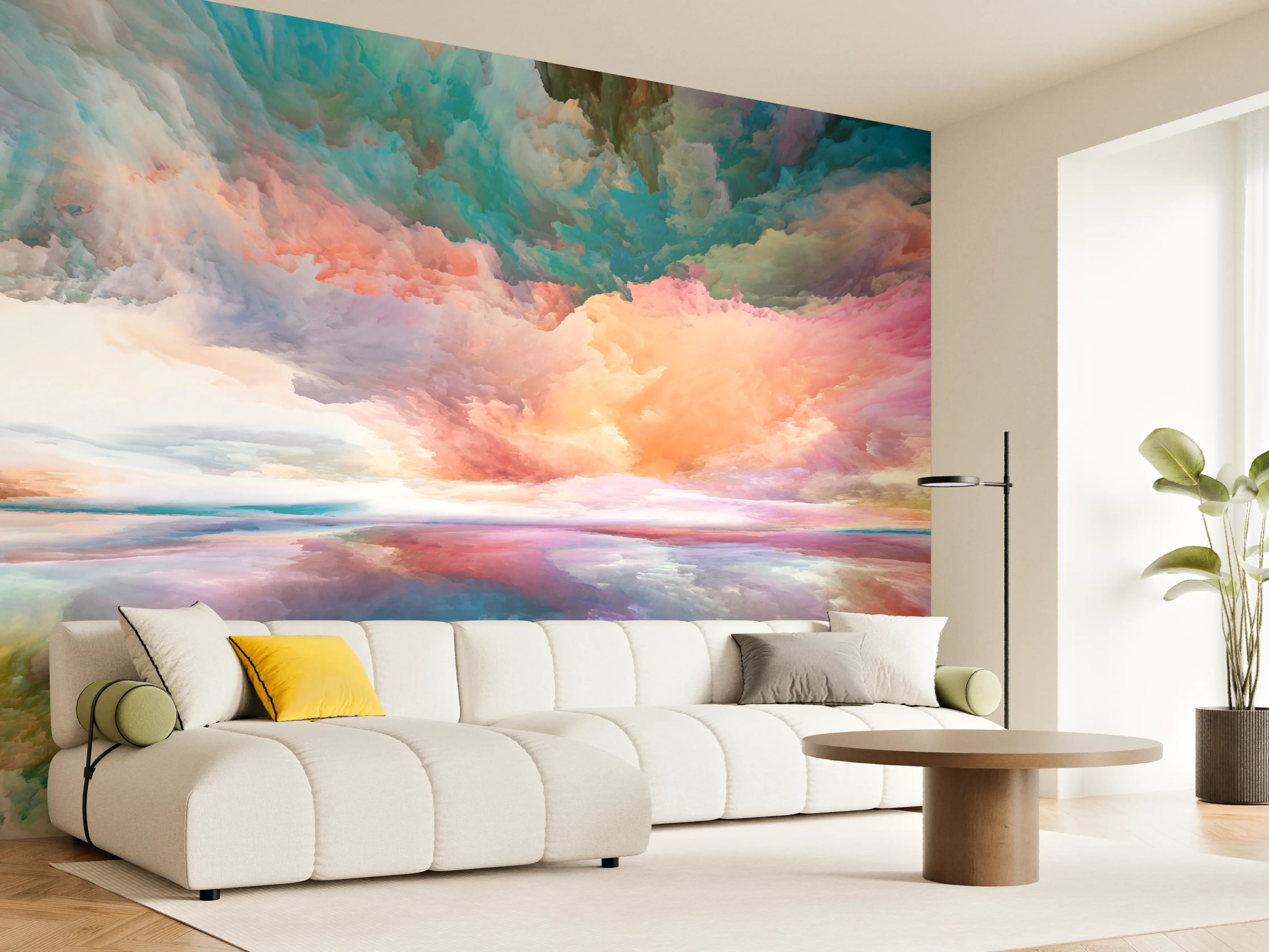 Wandverkleidung Wohnzimmer - Bunten Himmel mit Spiegelung am Wasser