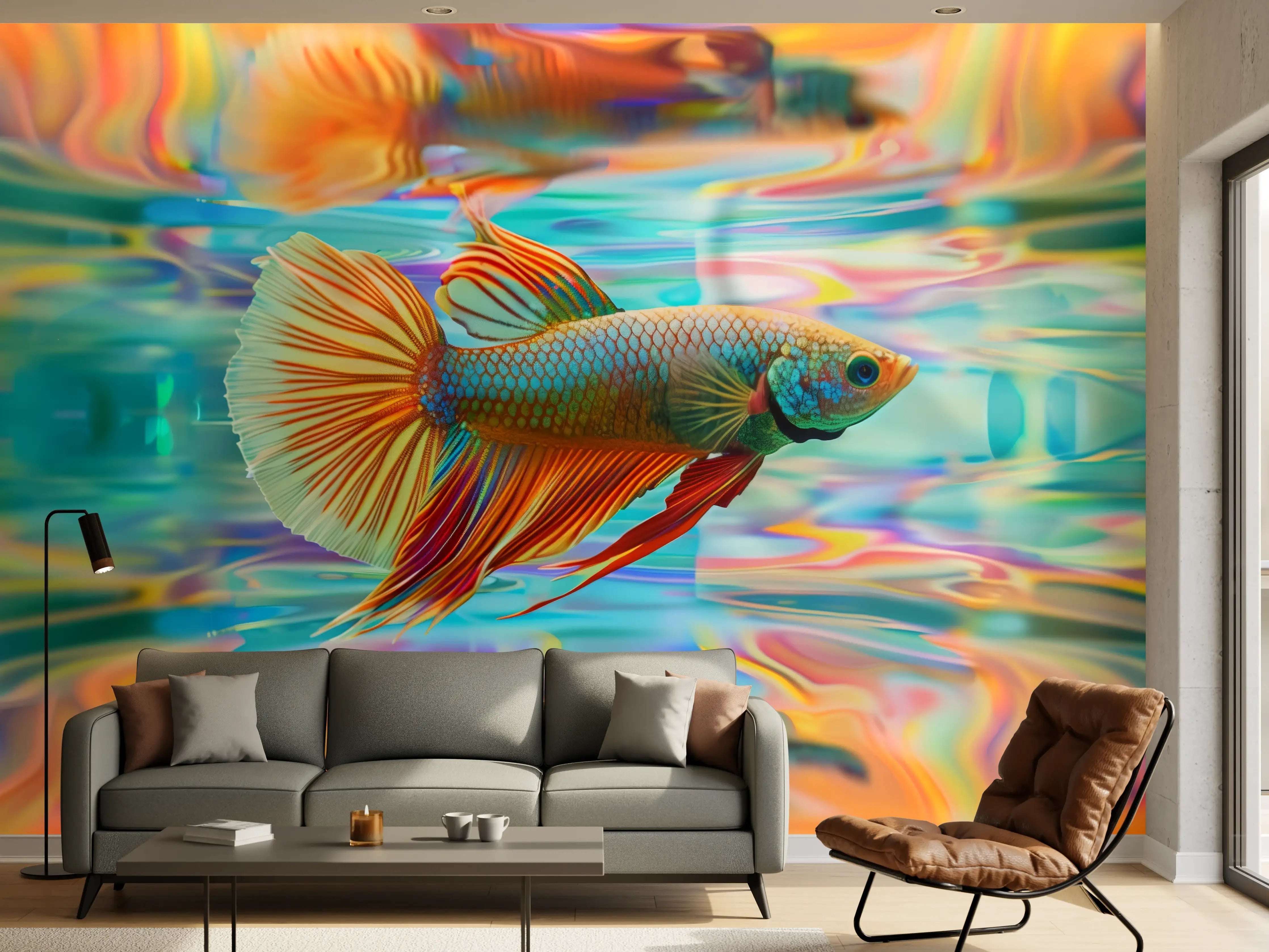 Wandverkleidung Wohnzimmer - Bunter Betta-Fisch Türkis-Orange