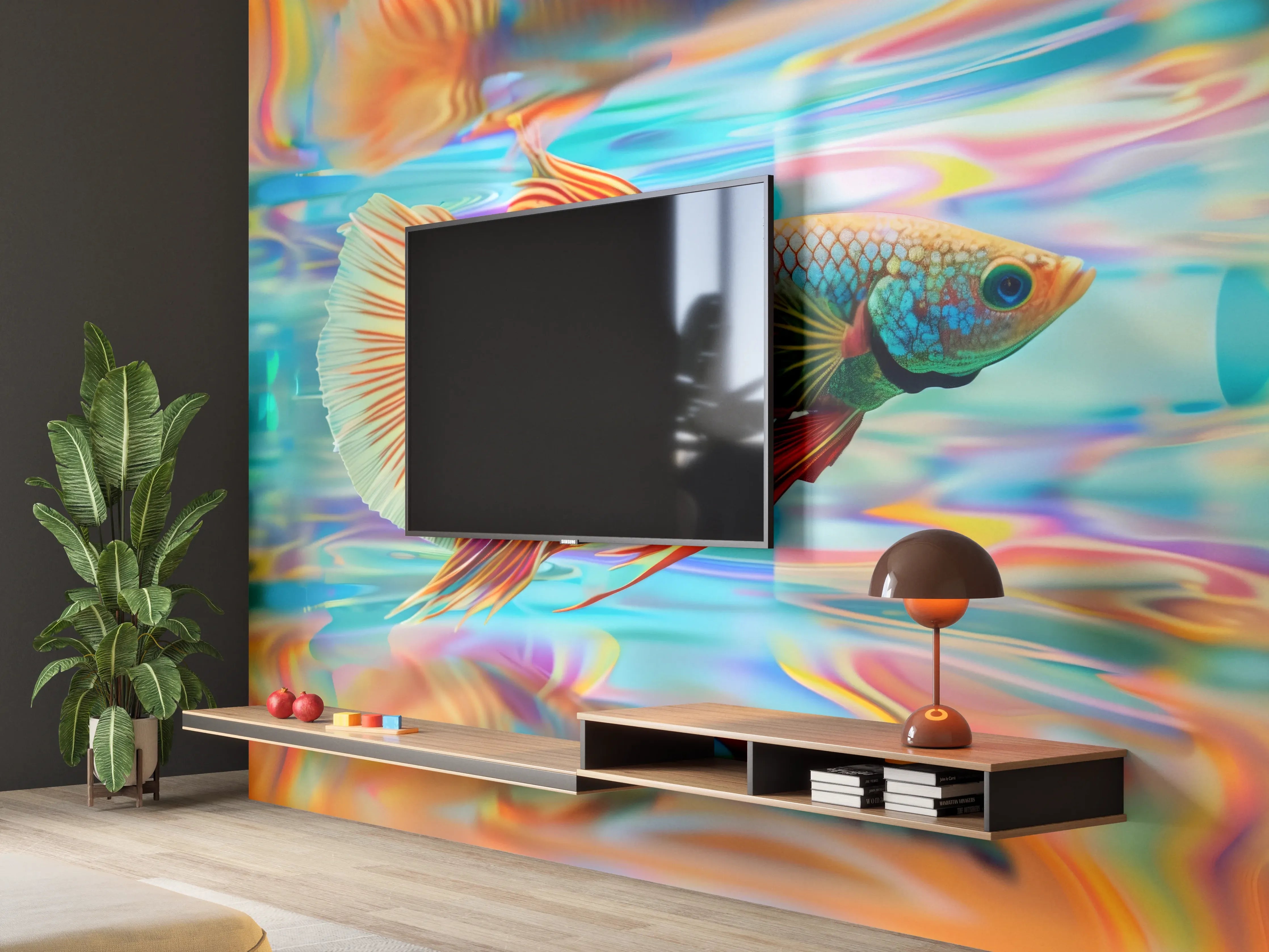 Wandverkleidung Wohnzimmer - Bunter Betta-Fisch Türkis-Orange
