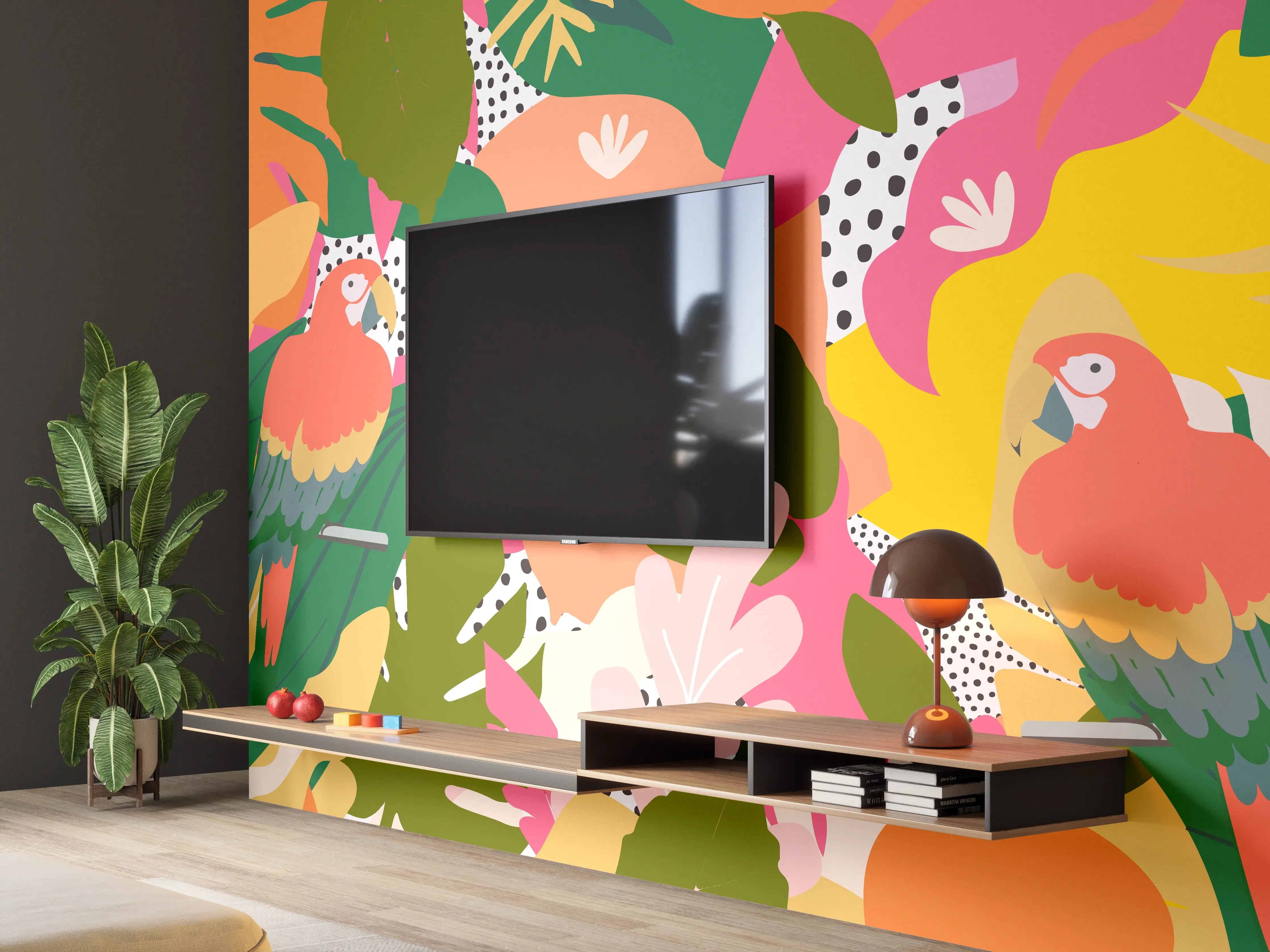 Wandverkleidung Wohnzimmer - Bunter Dschungel Papagei
