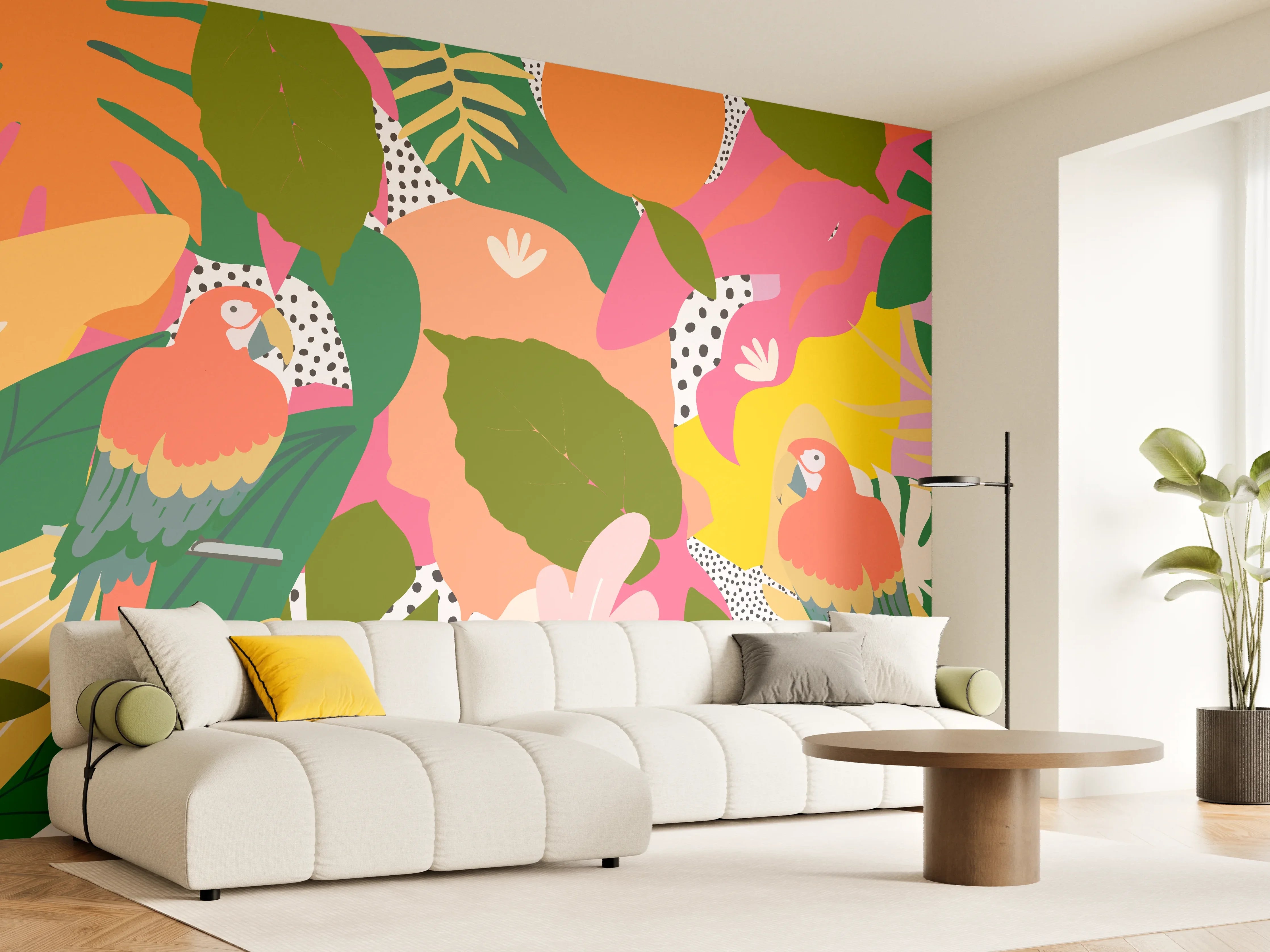 Wandverkleidung Wohnzimmer - Bunter Dschungel Papagei