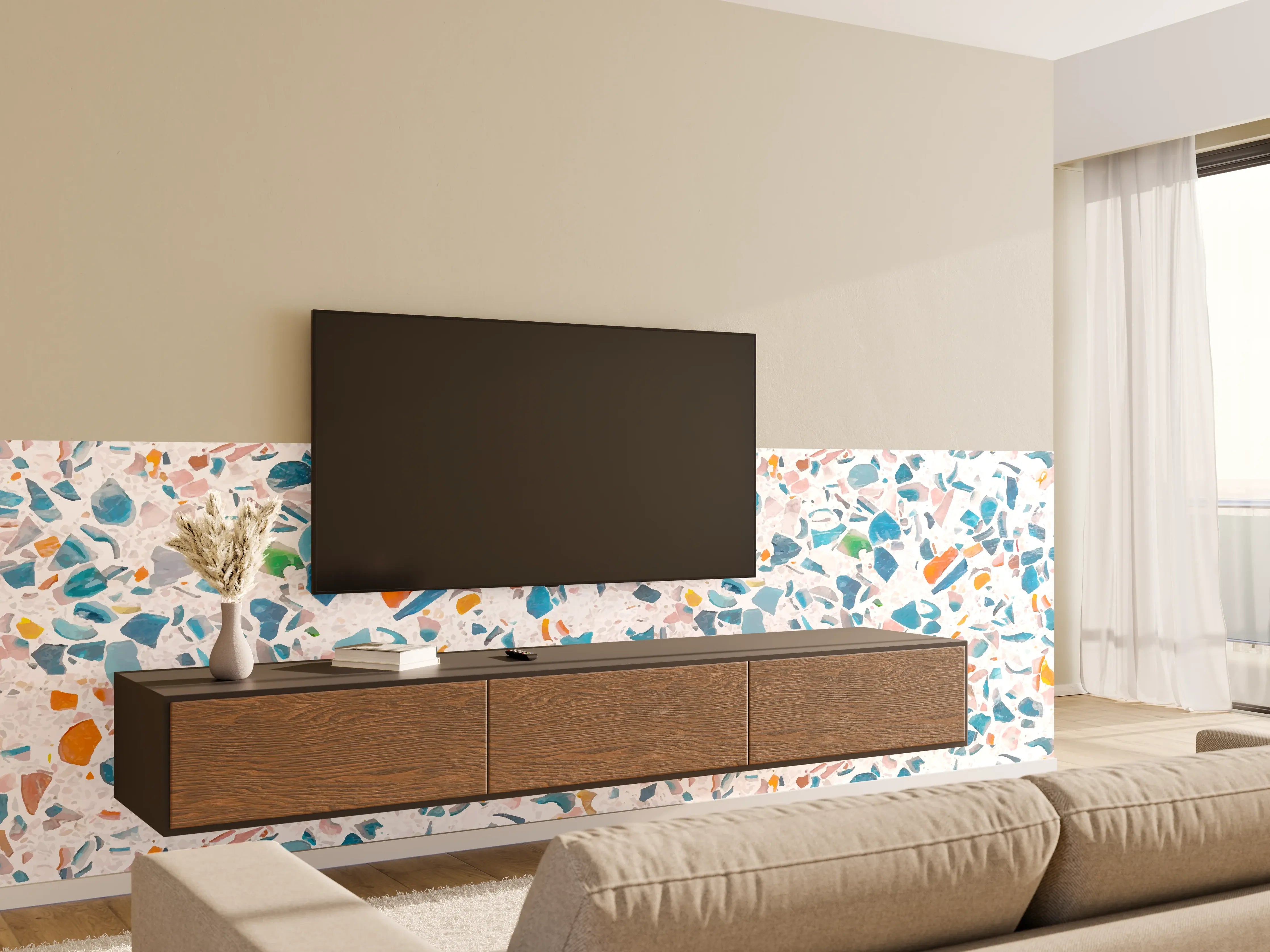 Wandverkleidung Wohnzimmer - Bunter Terrazzo Designbelag