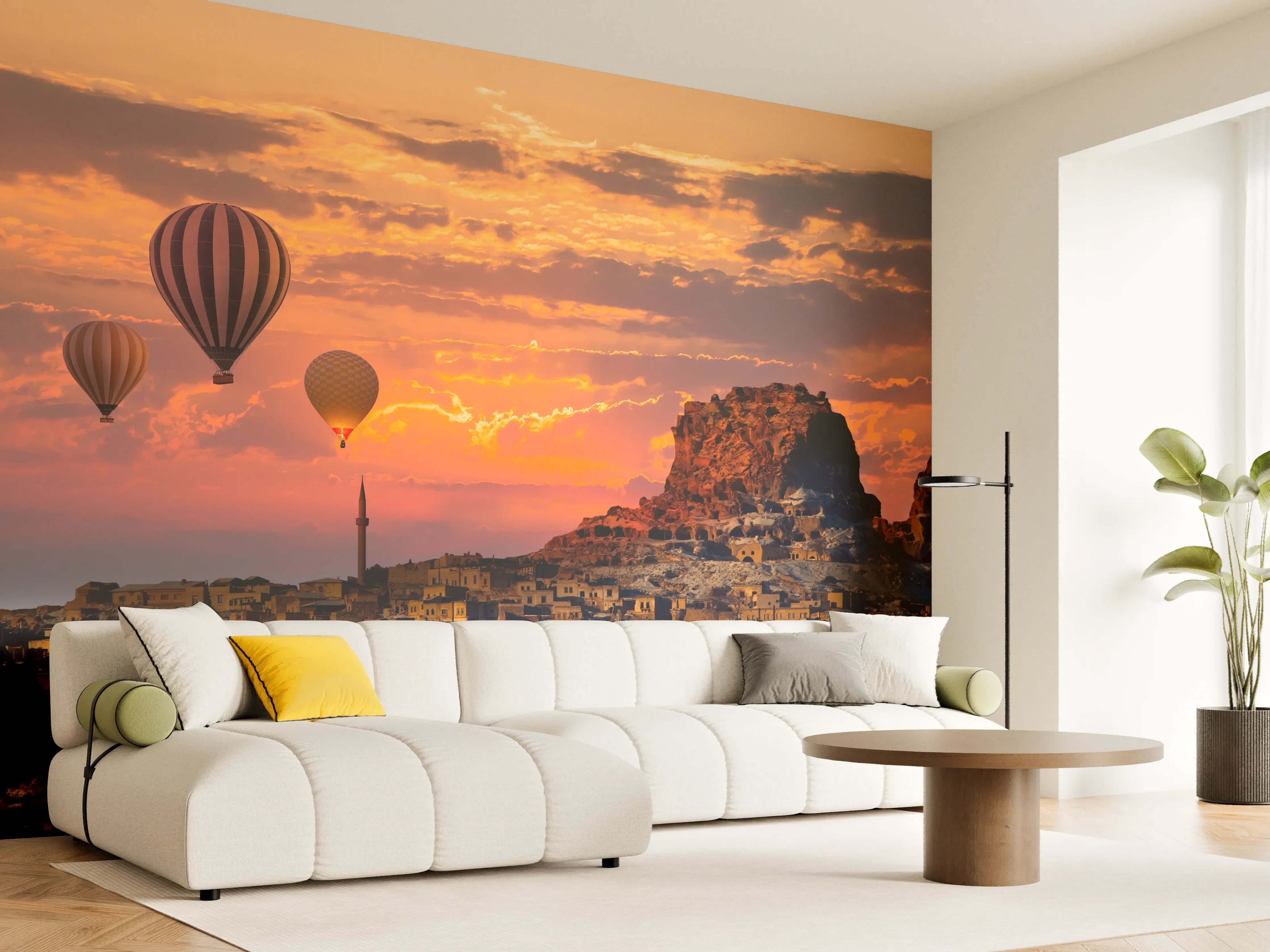 Wandverkleidung Wohnzimmer - Buntes Ballon-Spektakel bei Sonnenuntergang