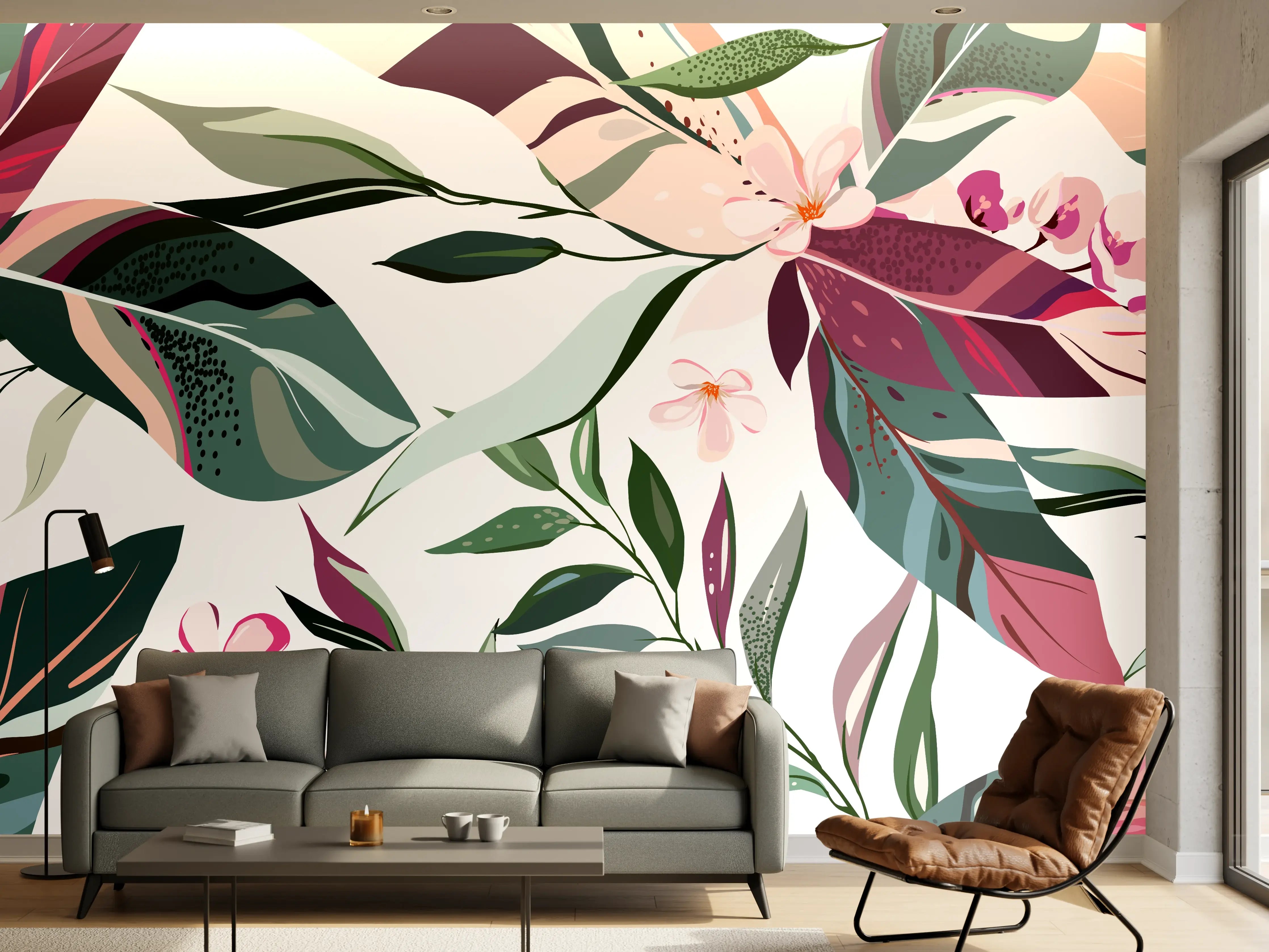Wandverkleidung Wohnzimmer - Buntes Blumen-Pflanzen Muster