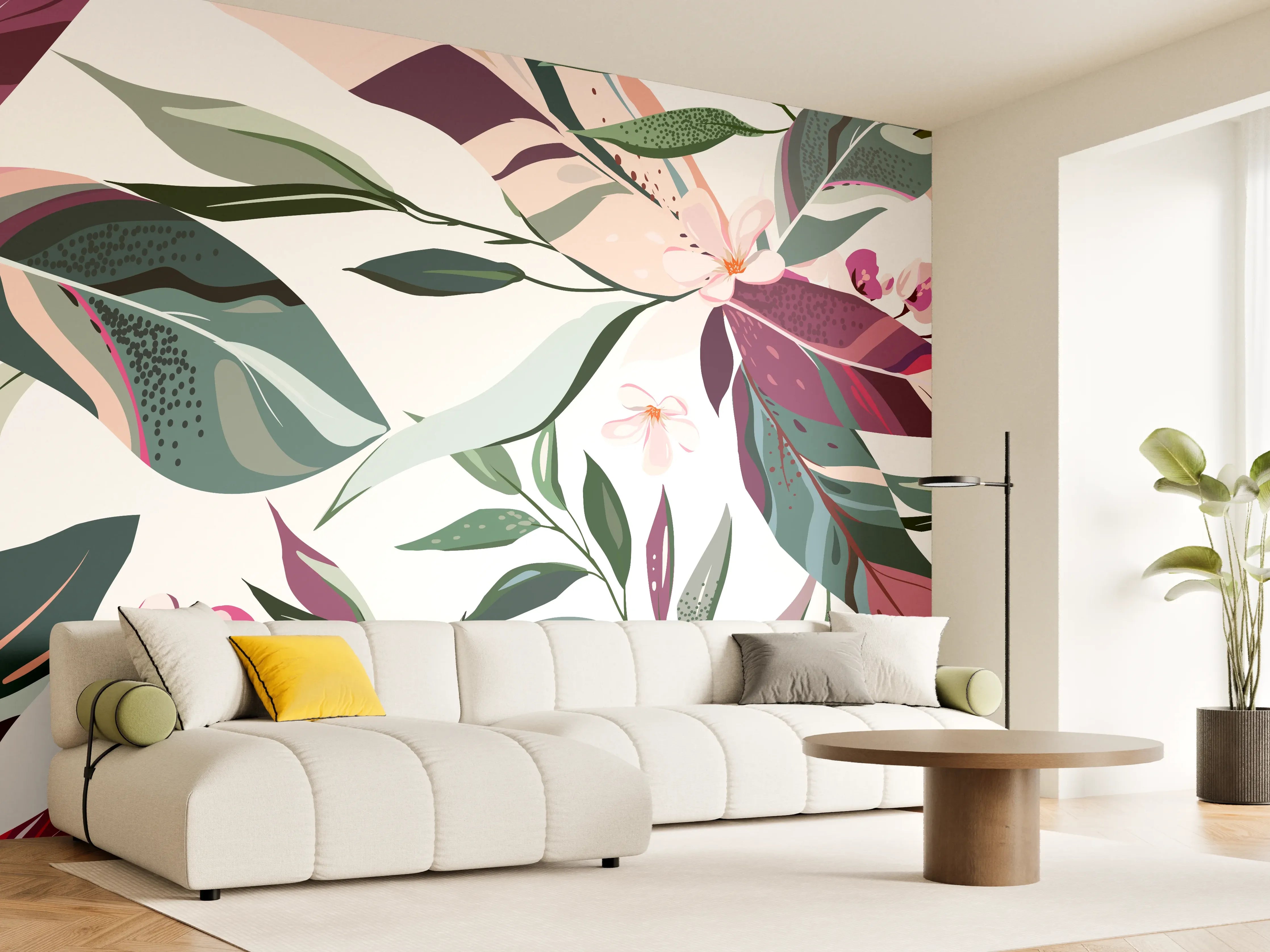 Wandverkleidung Wohnzimmer - Buntes Blumen-Pflanzen Muster