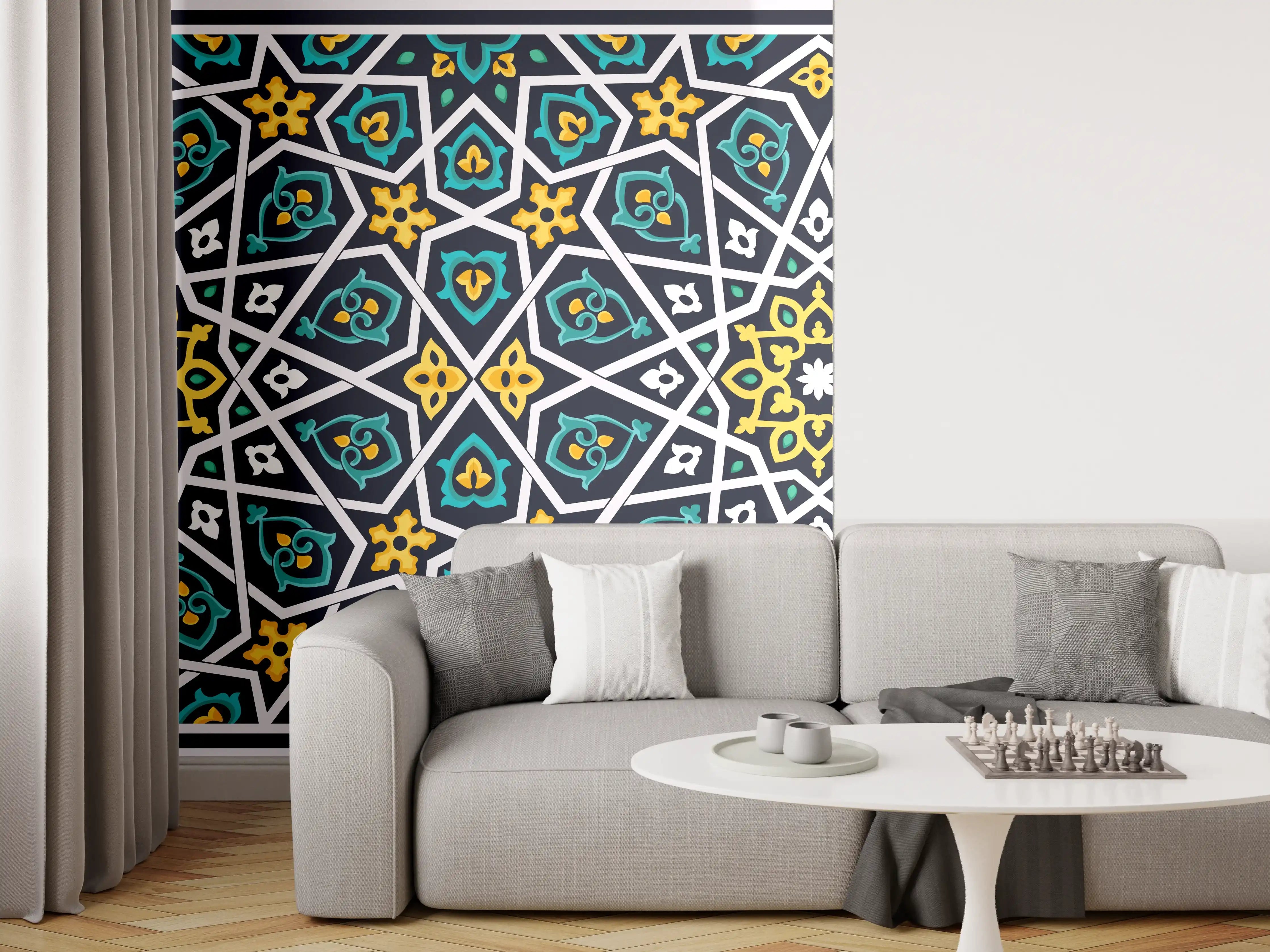 Wandverkleidung Wohnzimmer - Buntes Ethno-Muster Design