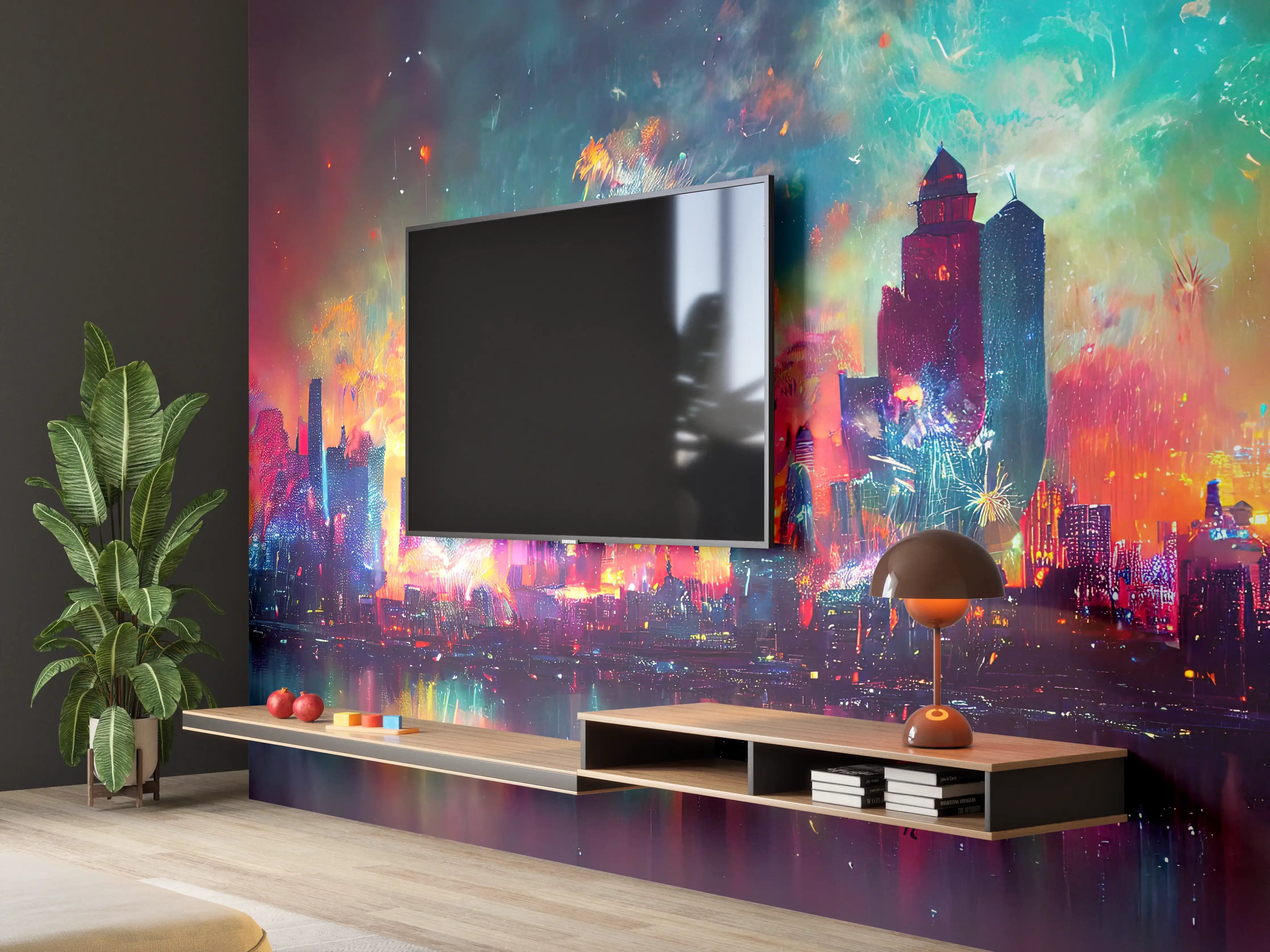 Wandverkleidung Wohnzimmer - Buntes Feuerwerk bei Nacht - Graphik