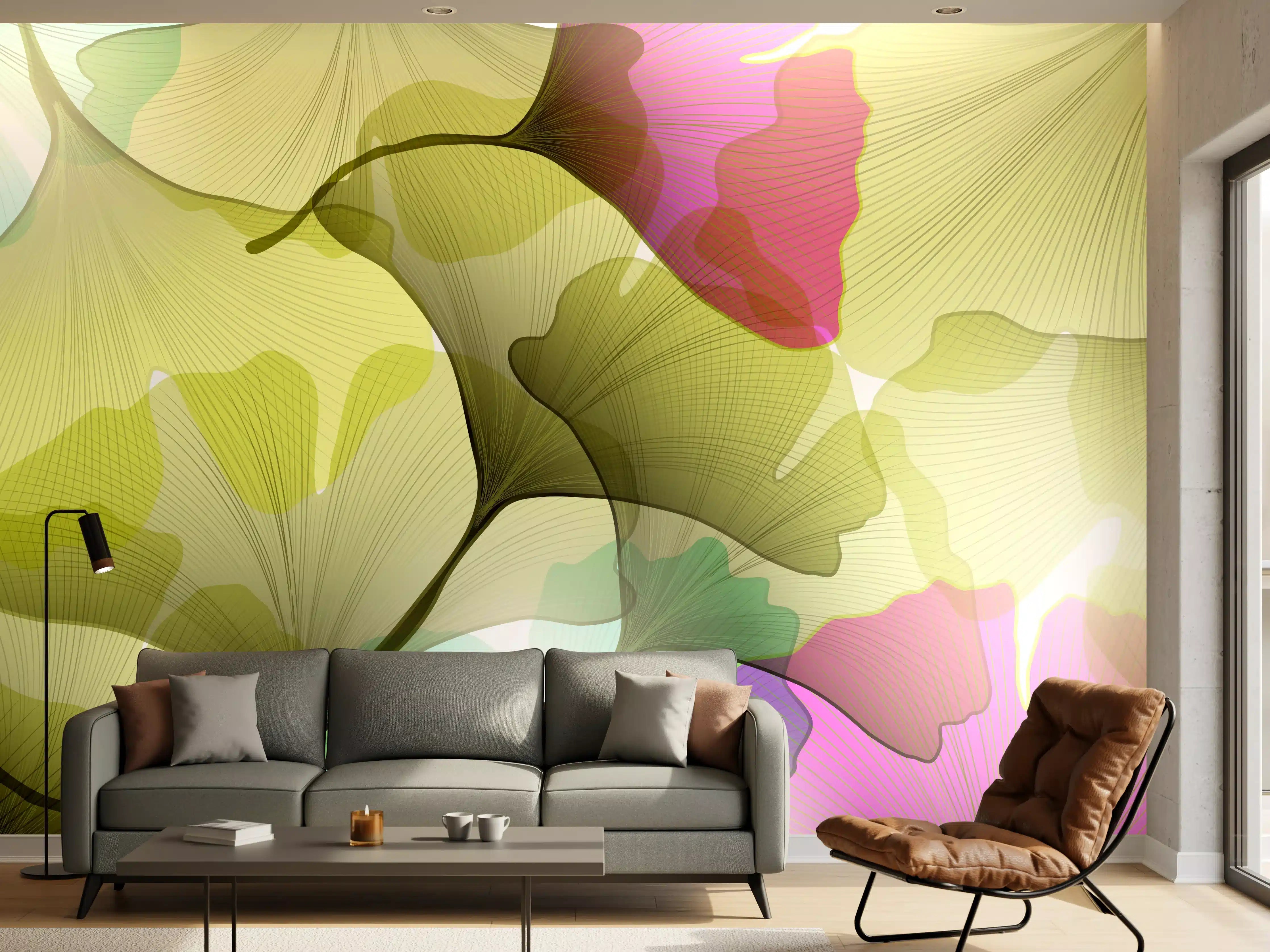 Wandverkleidung Wohnzimmer - Buntes Ginkgo Blätter Design