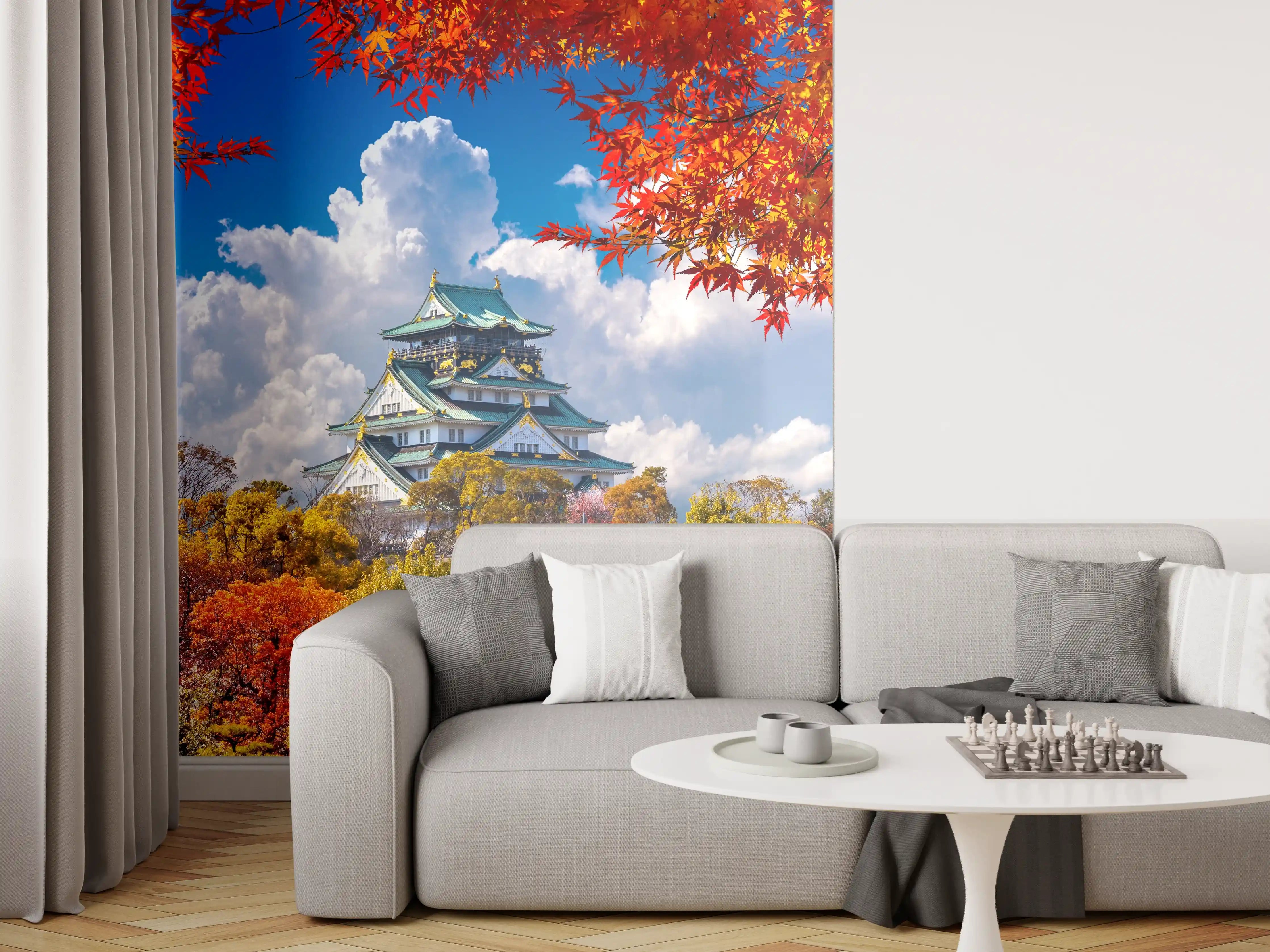 Wandverkleidung Wohnzimmer - Buntes Herbstlaub vor Japanischer Burg