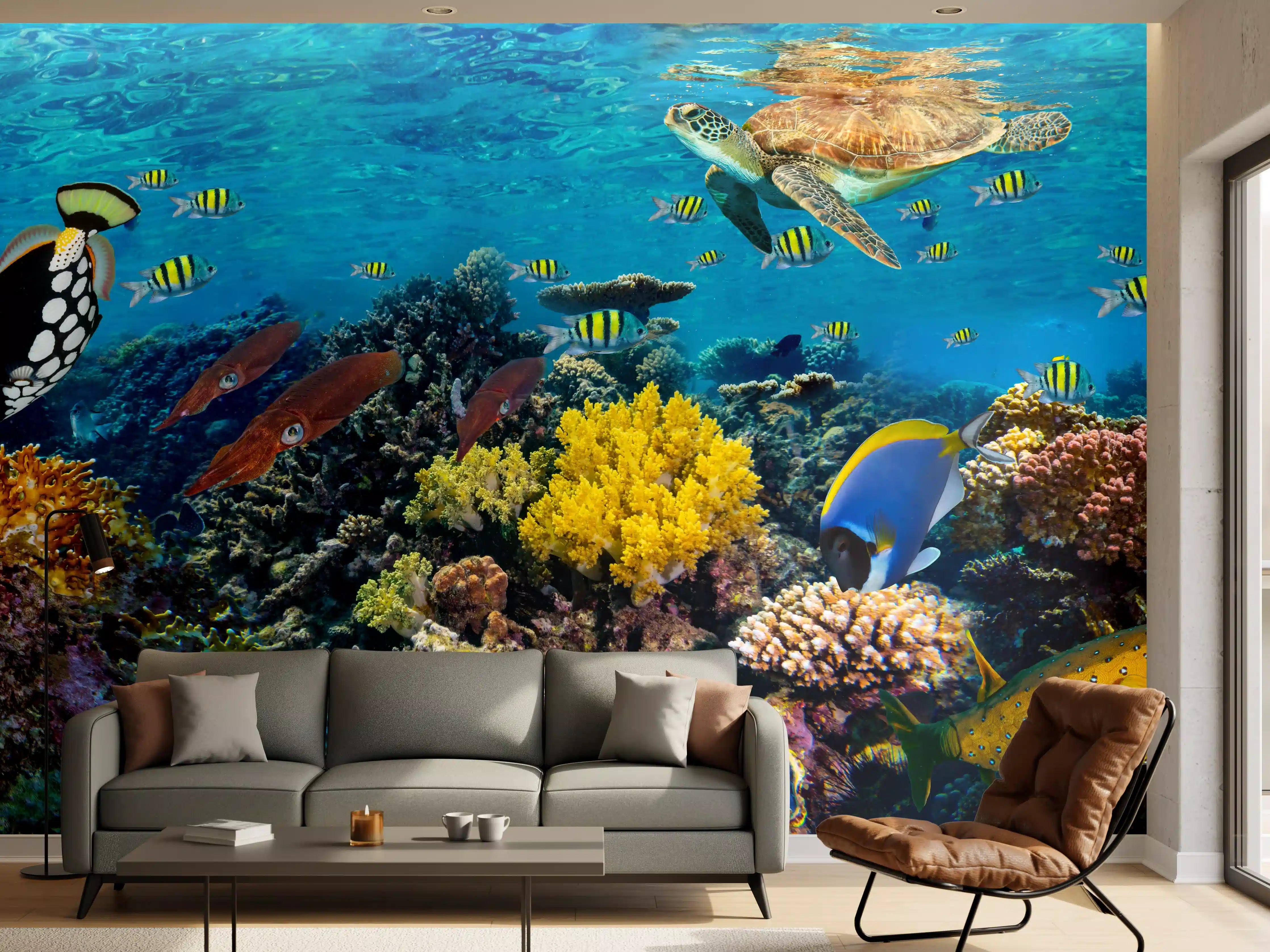 Wandverkleidung Wohnzimmer - Buntes Korallenriff Panorama