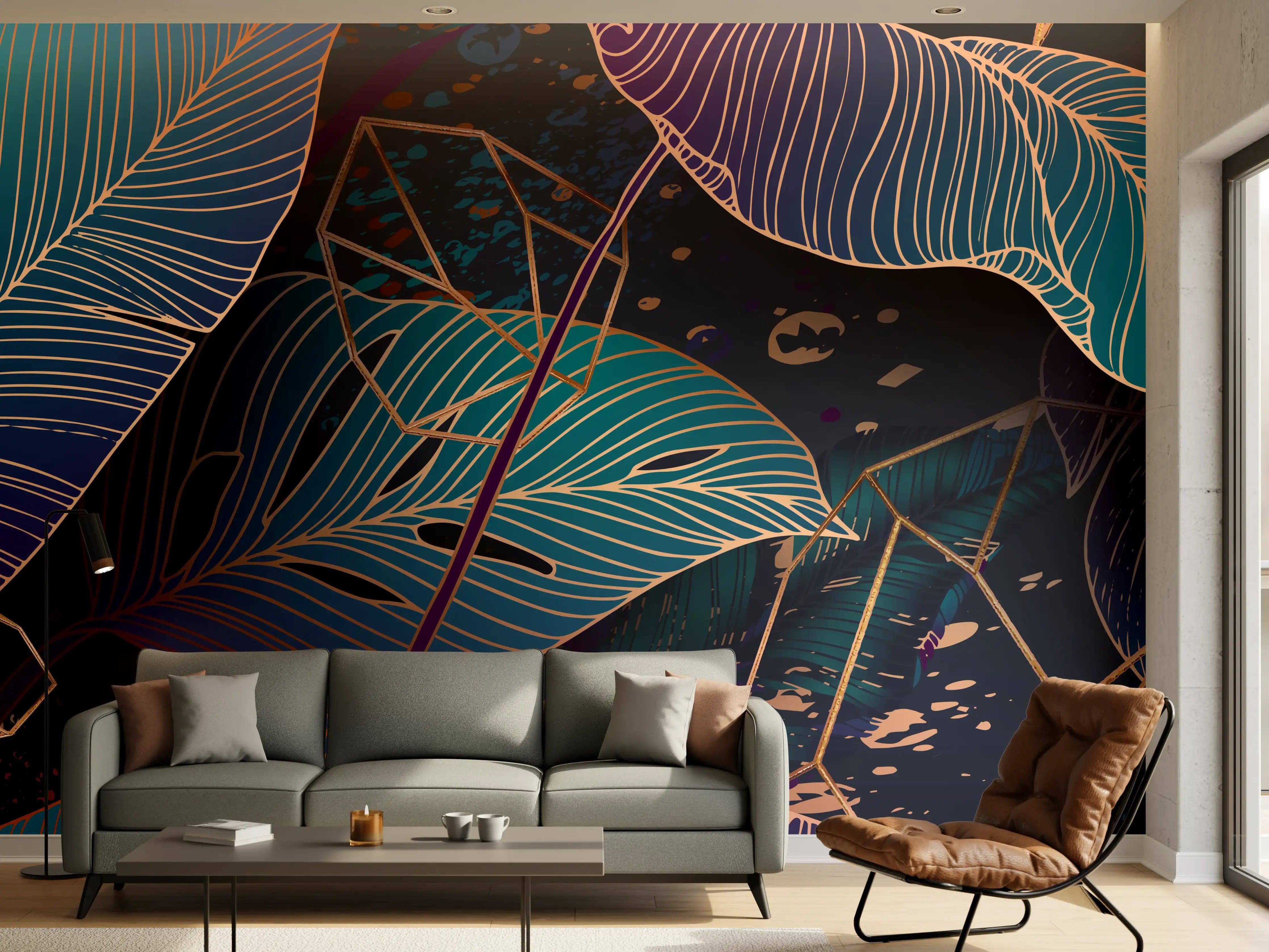 Wandverkleidung Wohnzimmer - Buntes Laubmuster Nacht
