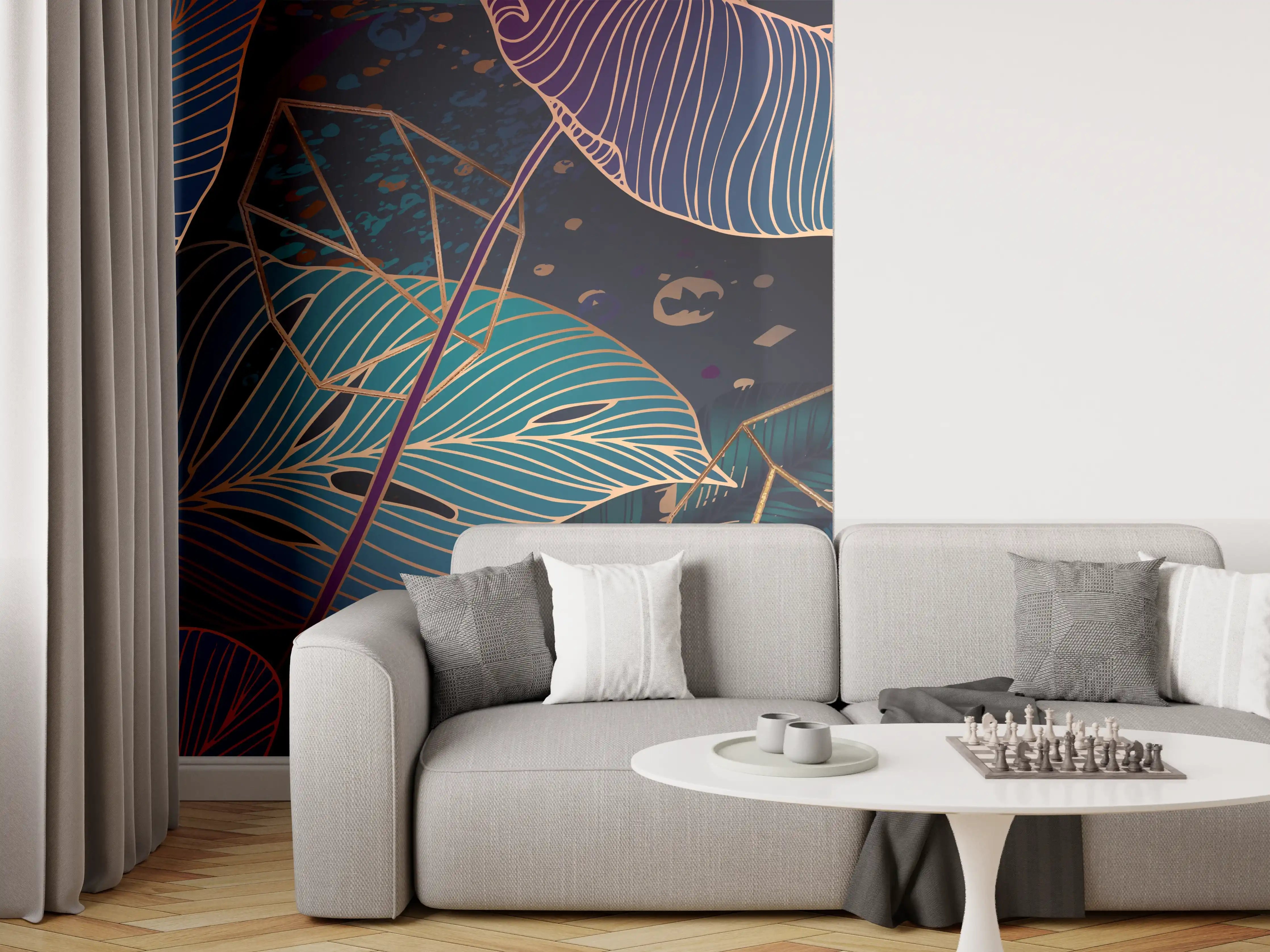 Wandverkleidung Wohnzimmer - Buntes Laubmuster Nacht