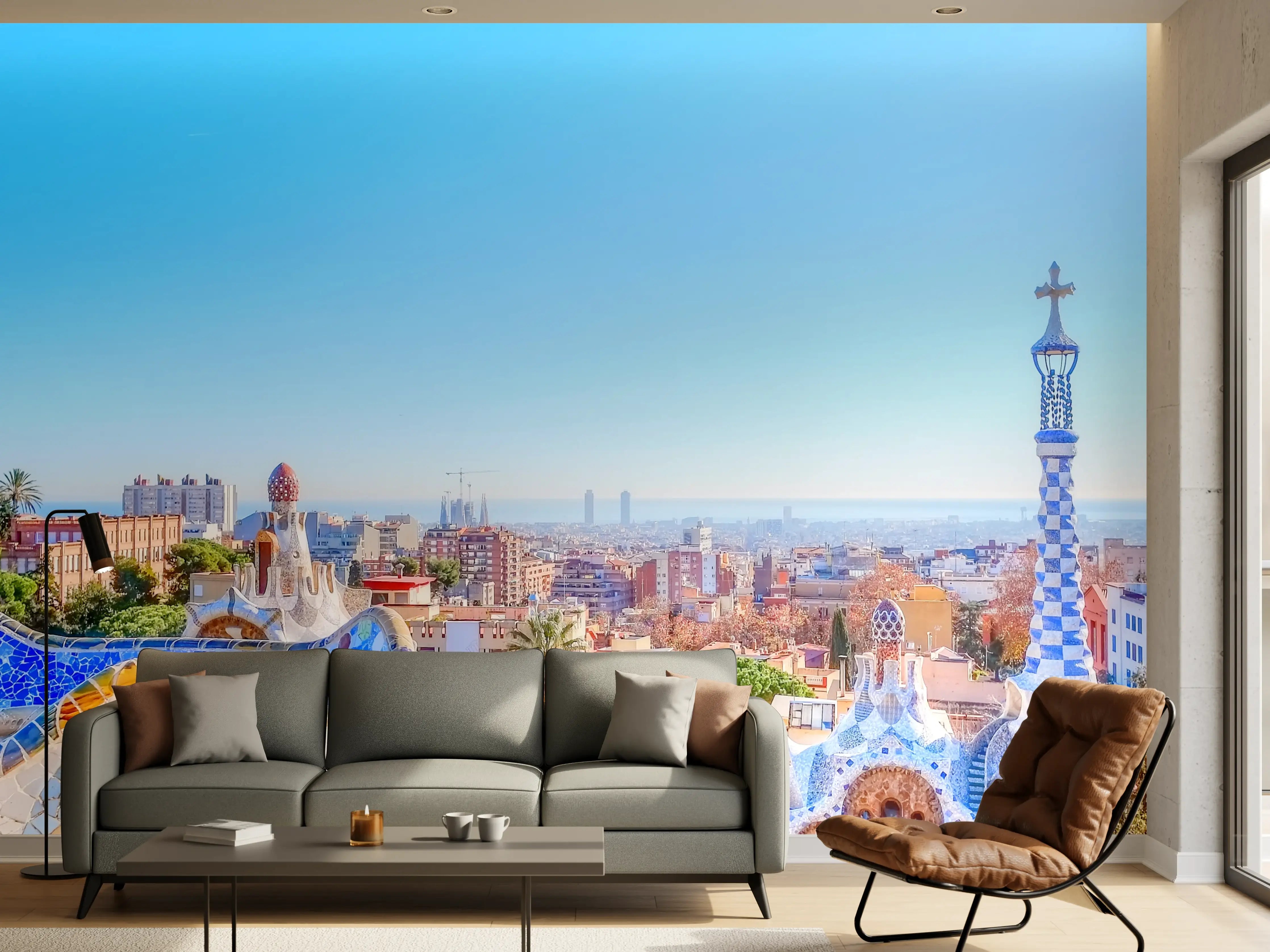 Wandverkleidung Wohnzimmer - Buntes Stadtpanorama mit moderner Architektur