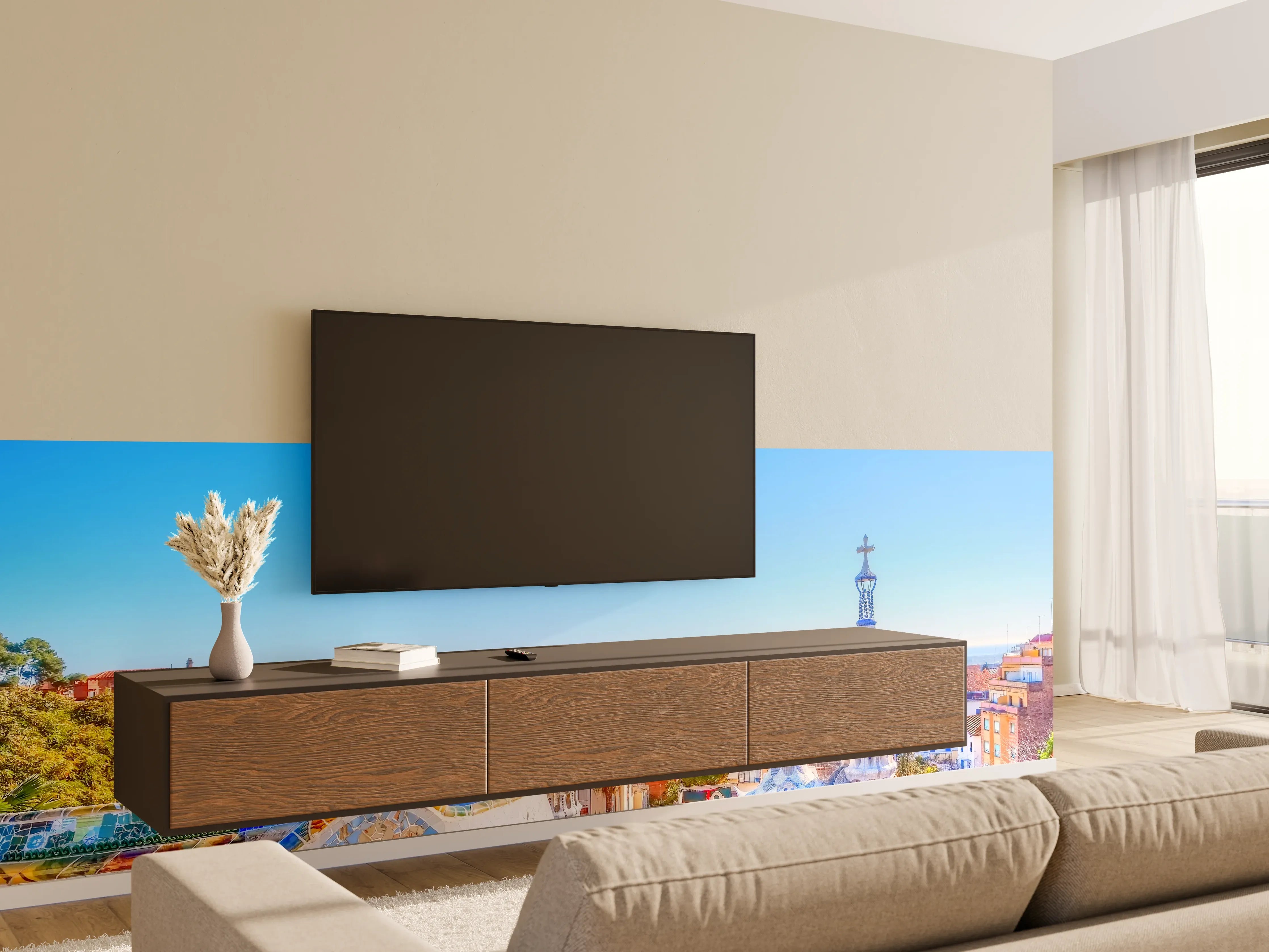 Wandverkleidung Wohnzimmer - Buntes Stadtpanorama mit moderner Architektur