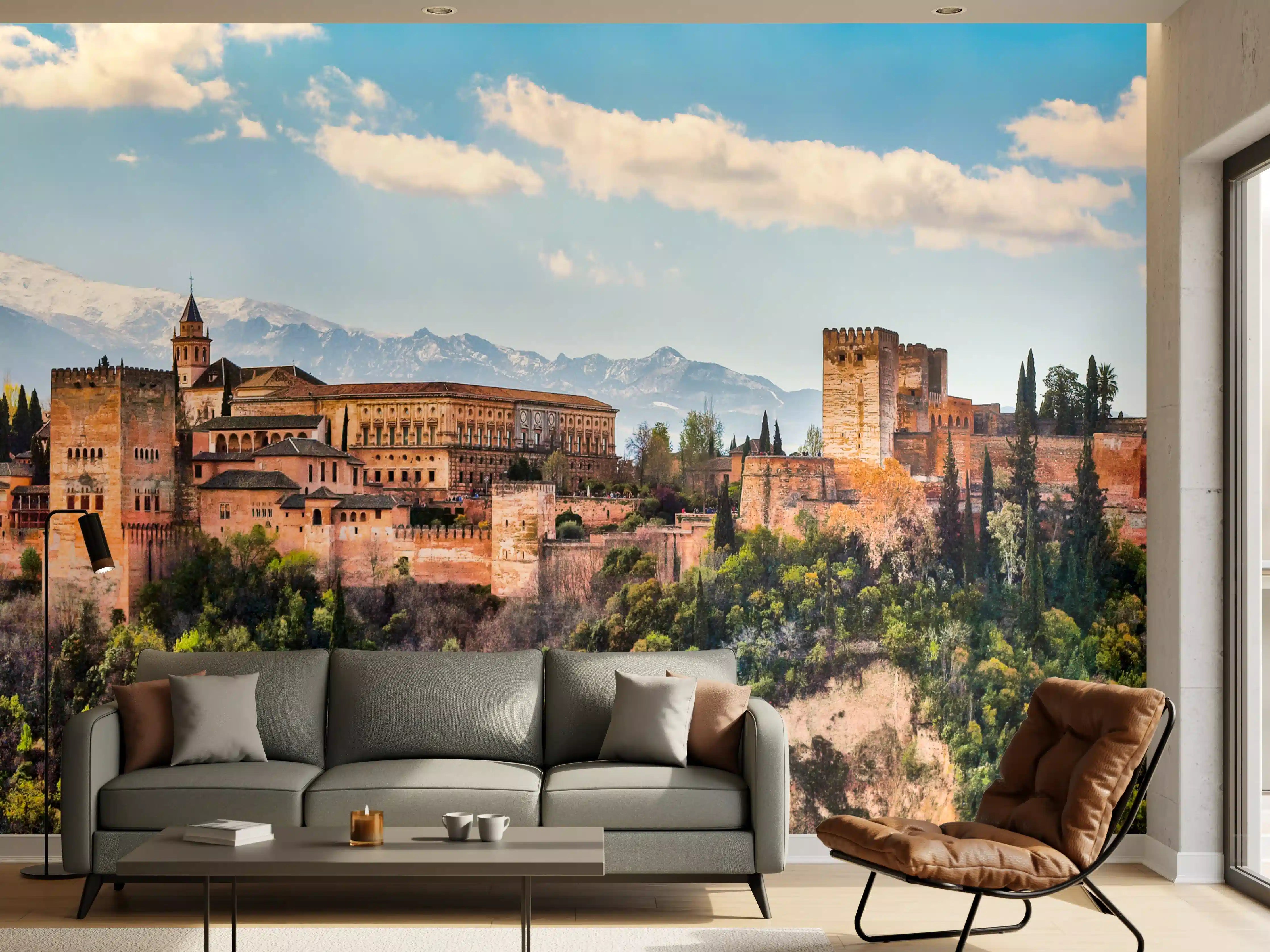 Wandverkleidung Wohnzimmer - Burg auf Hügel mit Blick auf Berge