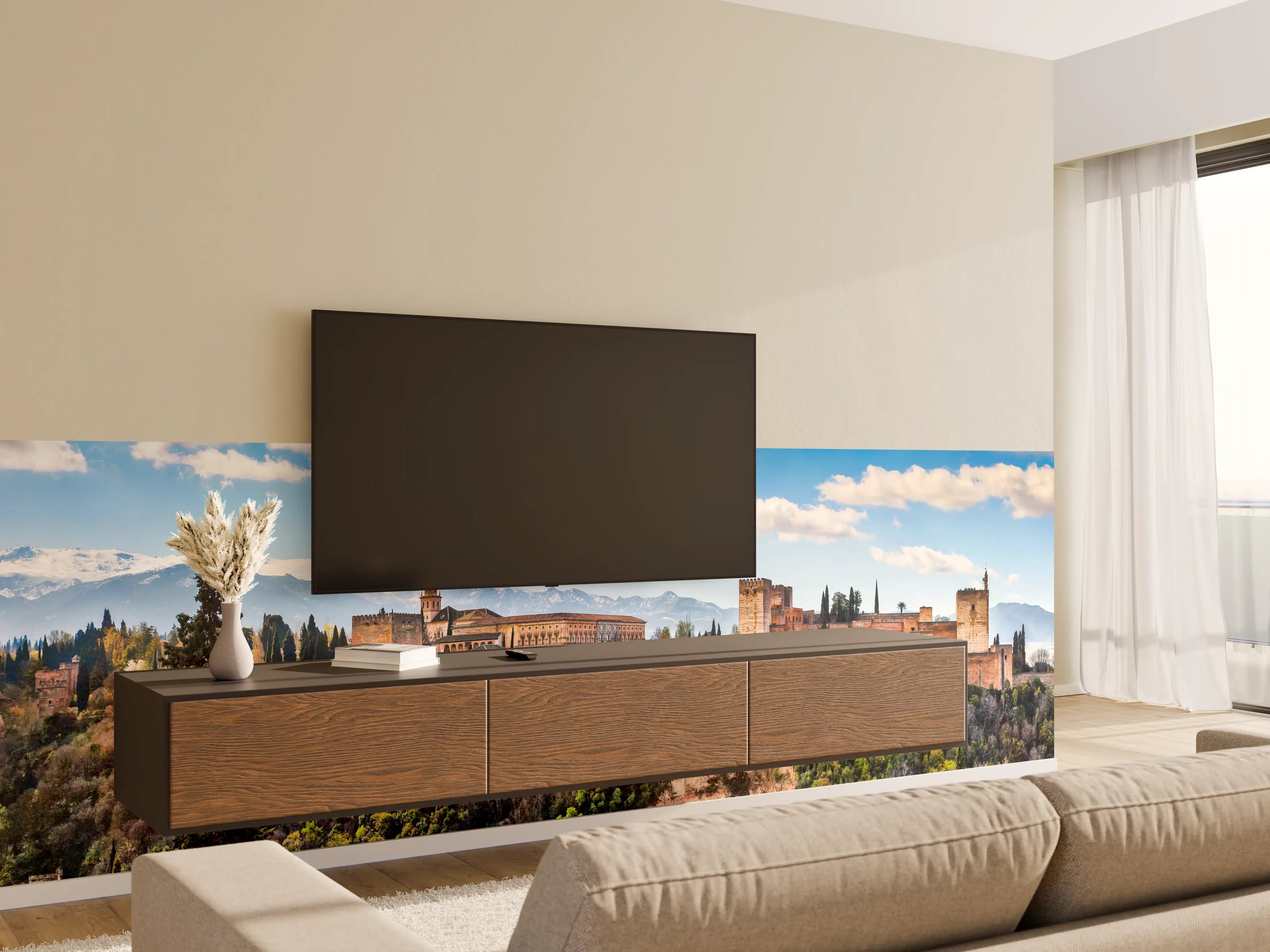 Wandverkleidung Wohnzimmer - Burg auf Hügel mit Blick auf Berge