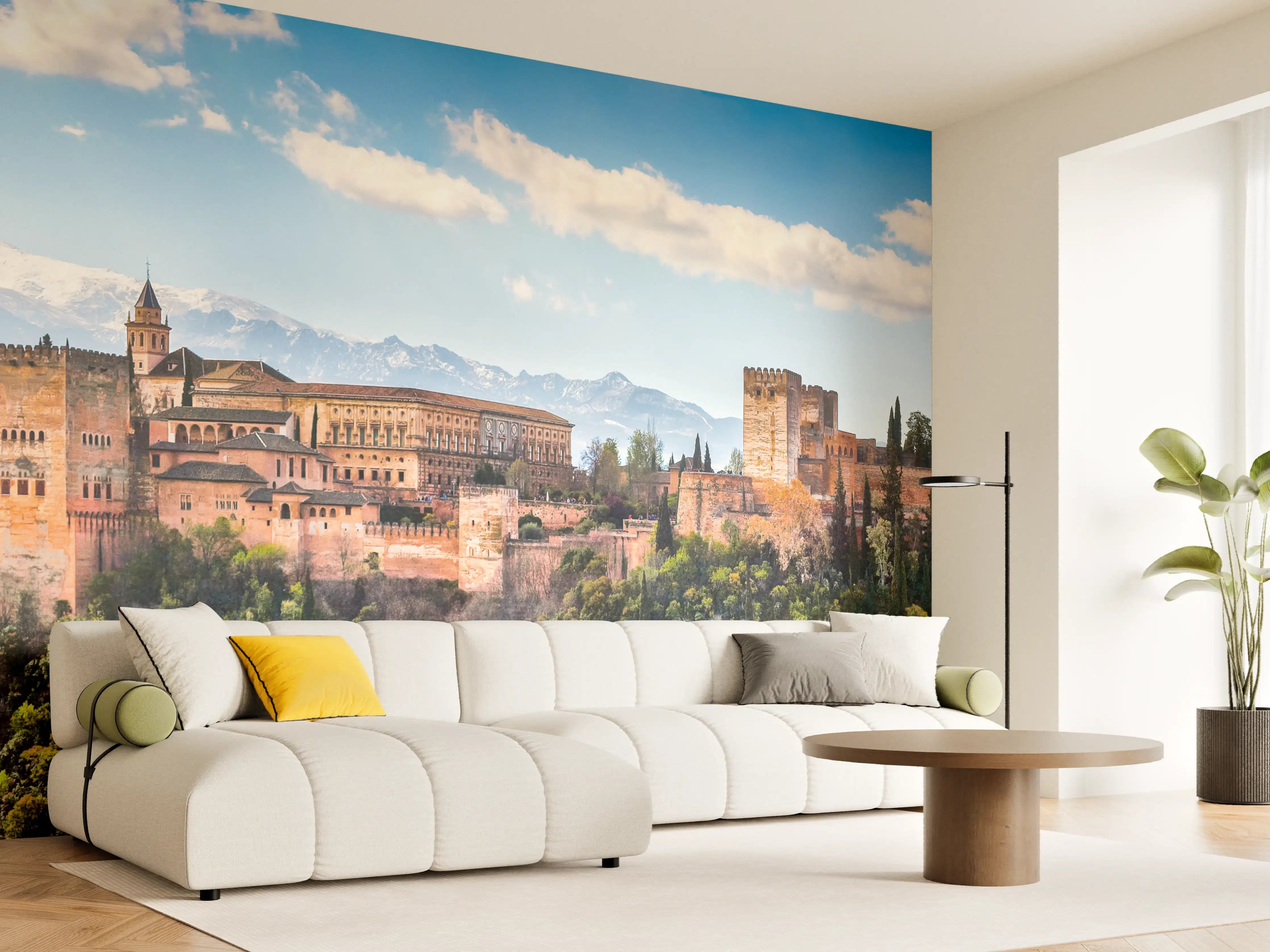 Wandverkleidung Wohnzimmer - Burg auf Hügel mit Blick auf Berge