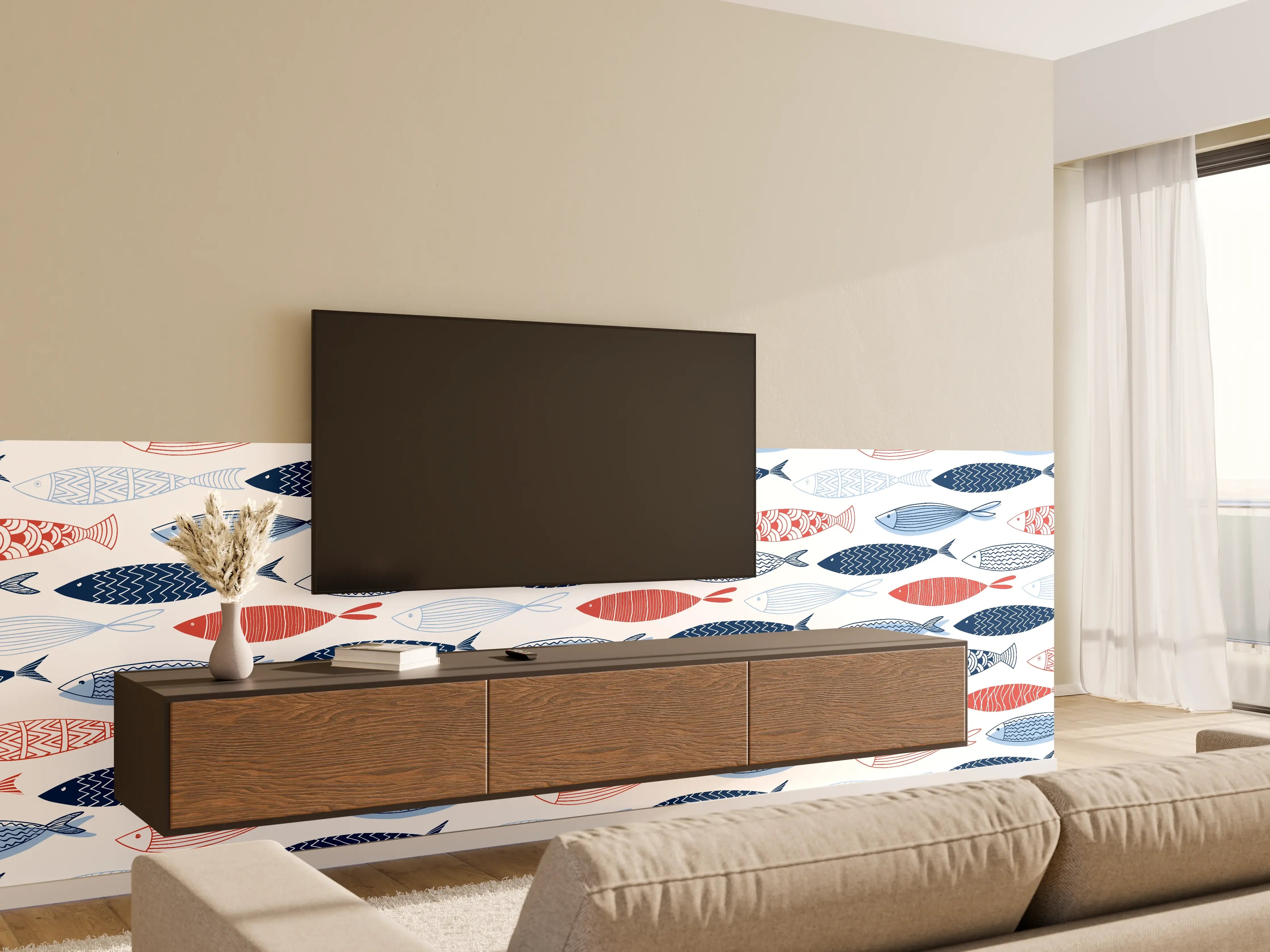 Wandverkleidung Wohnzimmer - Cartoon-Fische Blau-Rot