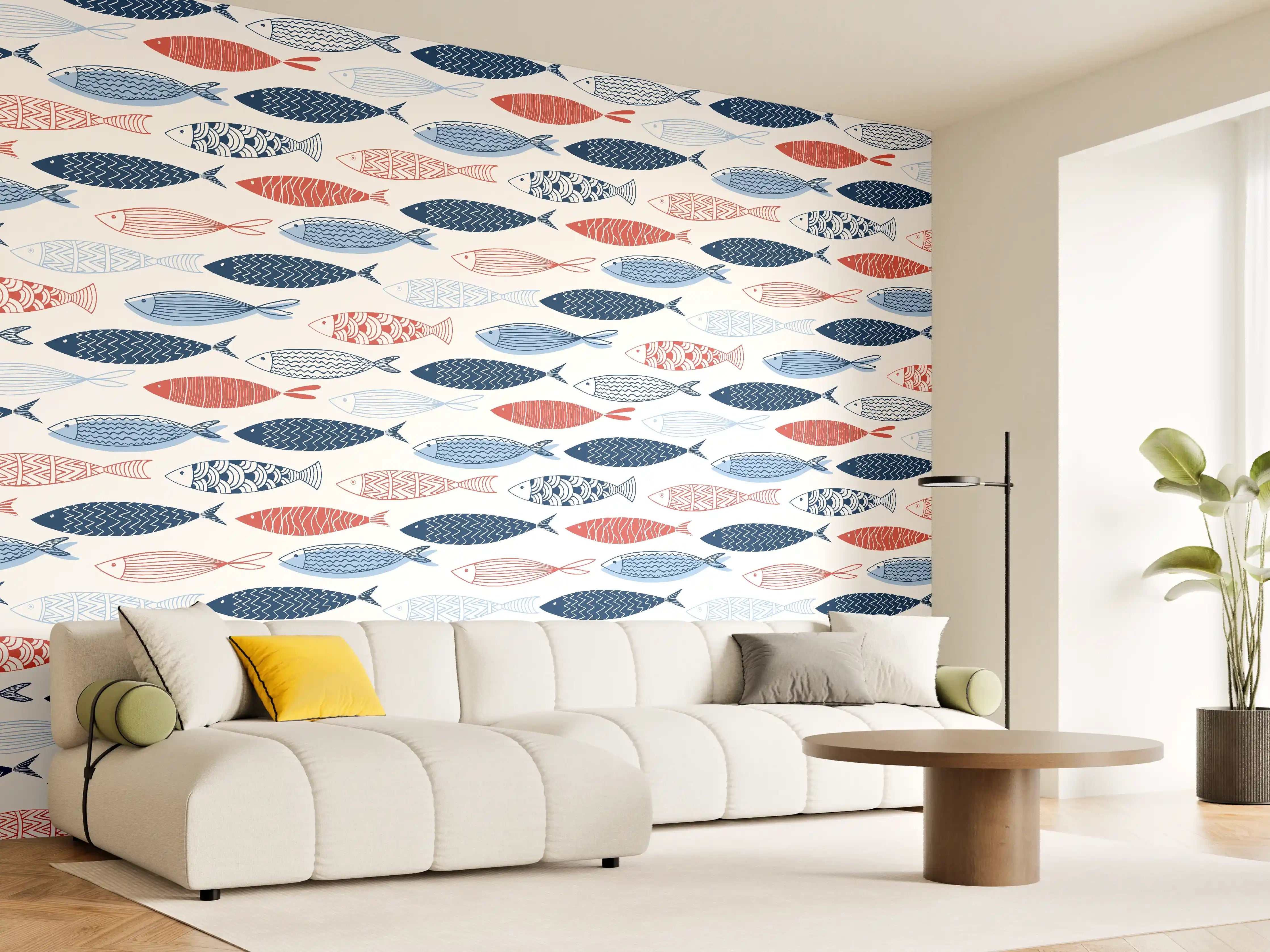 Wandverkleidung Wohnzimmer - Cartoon-Fische Blau-Rot