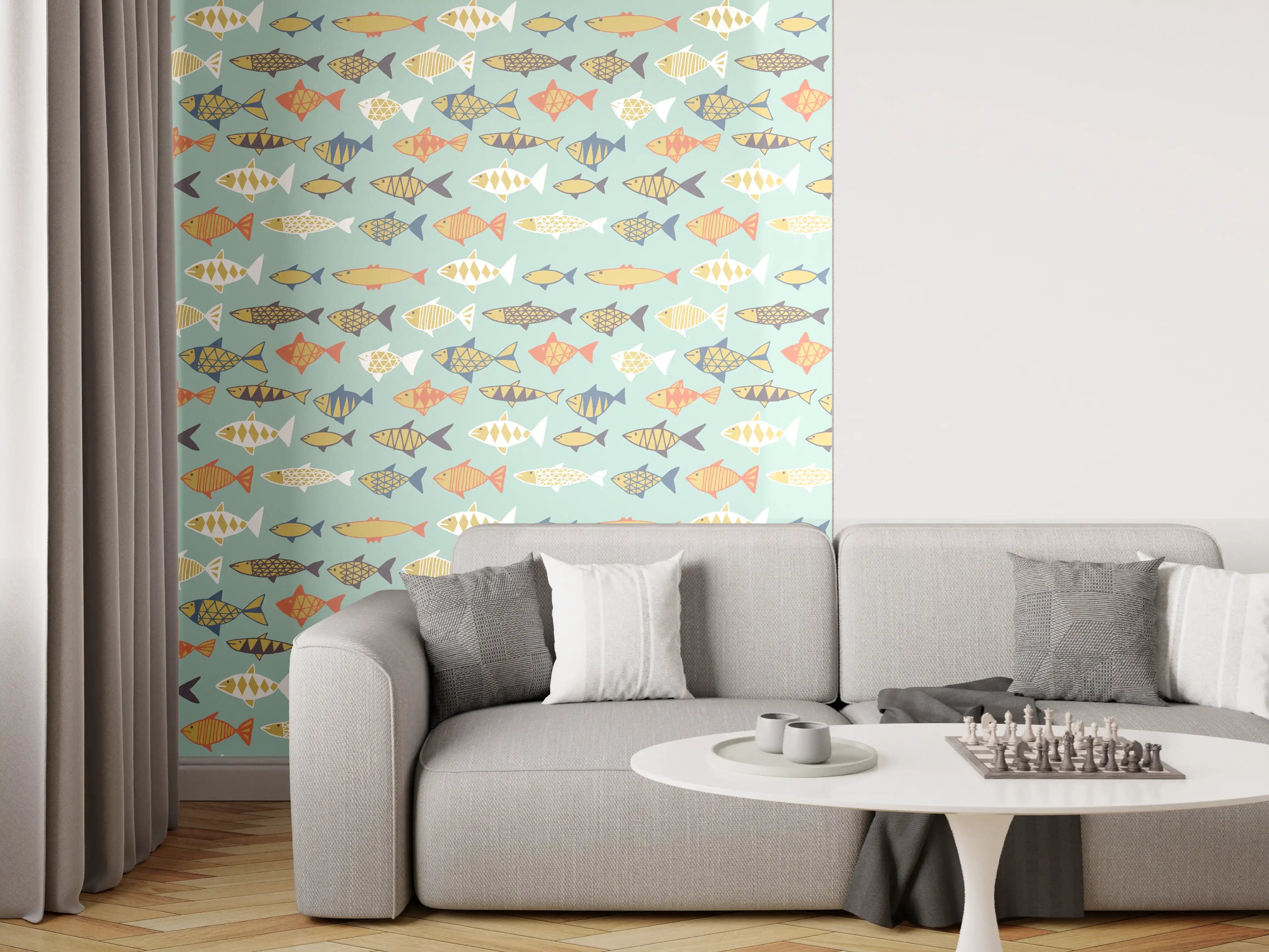 Wandverkleidung Wohnzimmer - Cartoon-Fische Türkis-Orange Muster