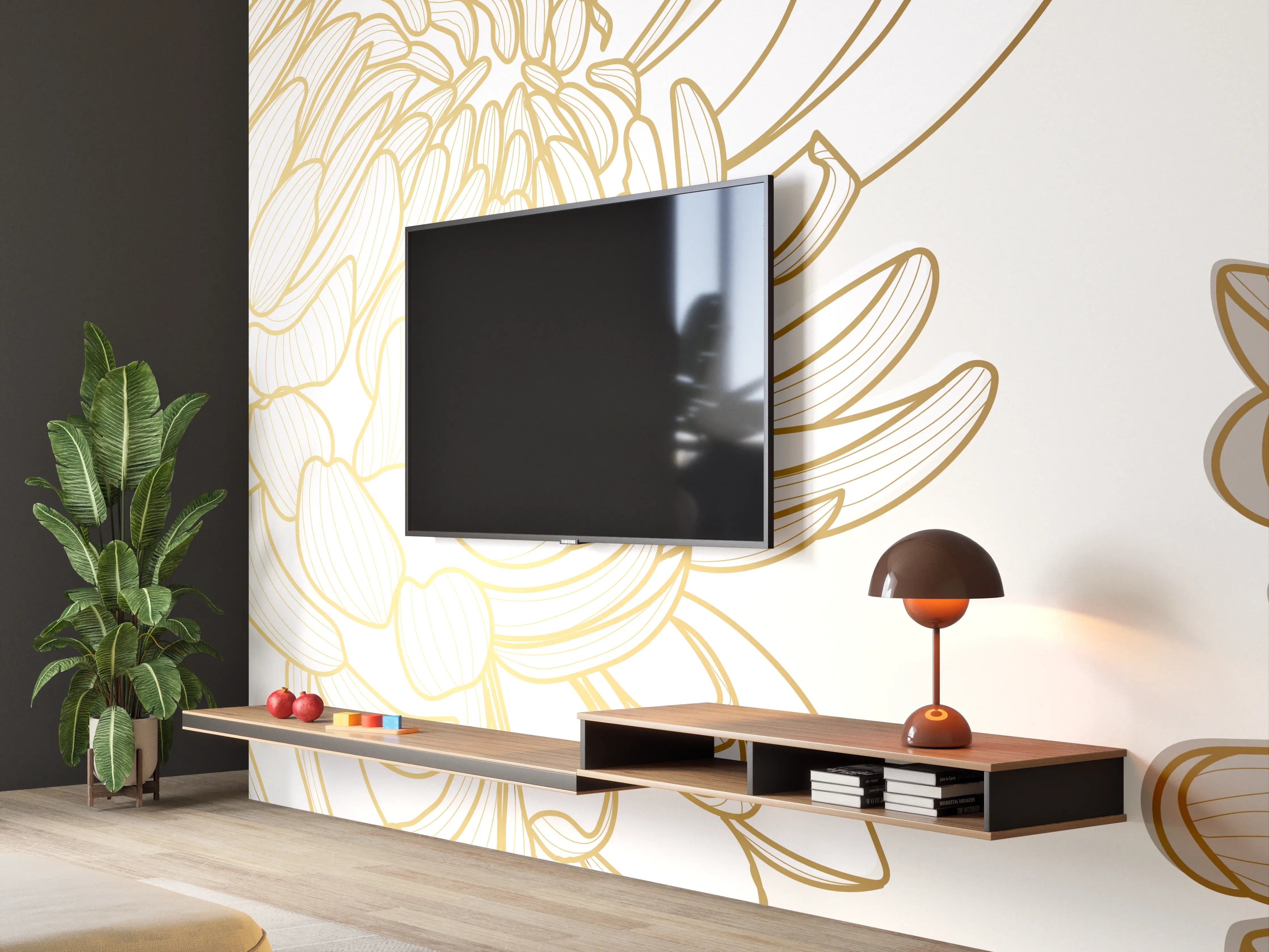 Wandverkleidung Wohnzimmer - Chic Cream Floral Illustration