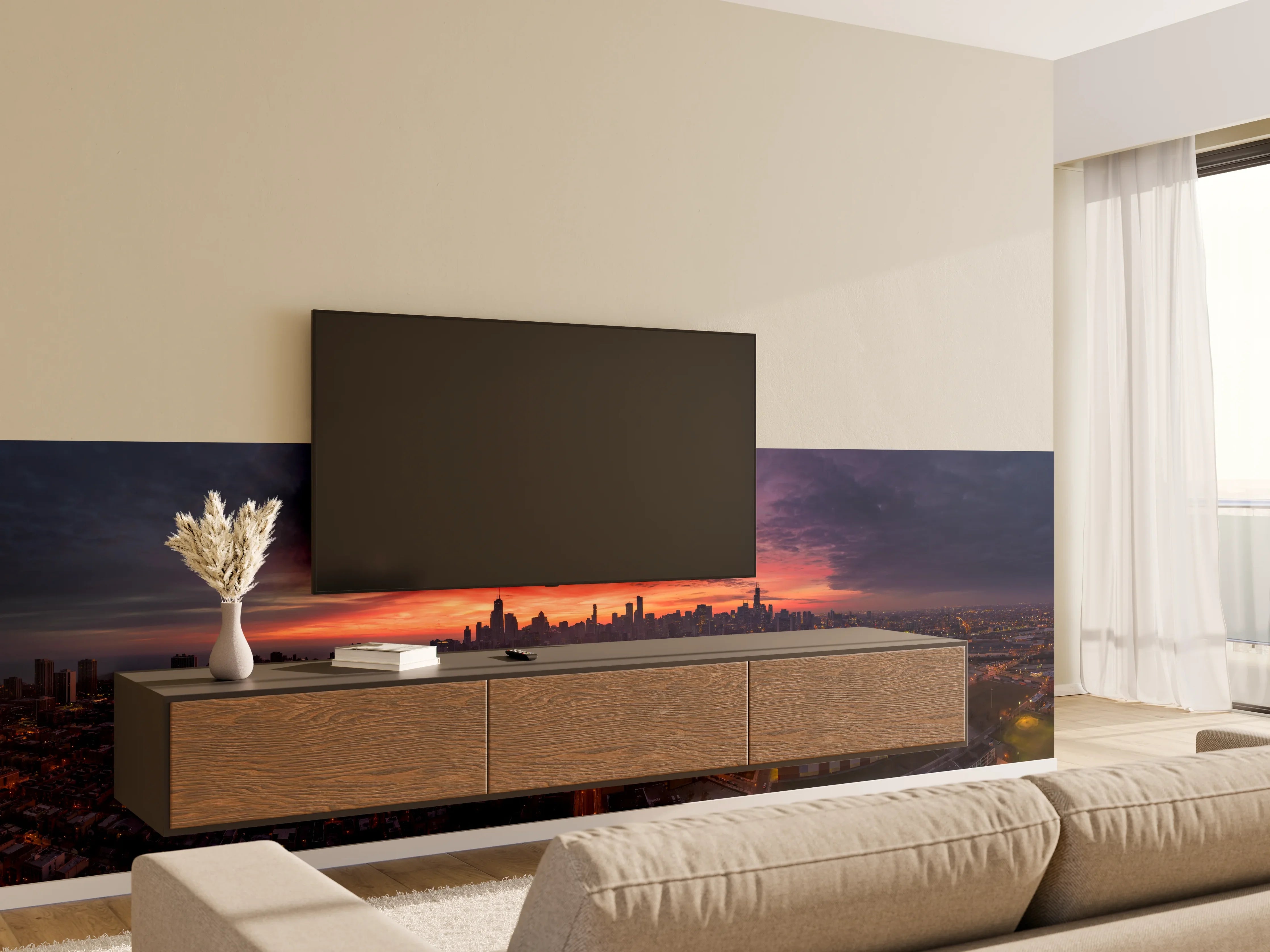 Wandverkleidung Wohnzimmer - Chicago Luftbildpanorama von Westen