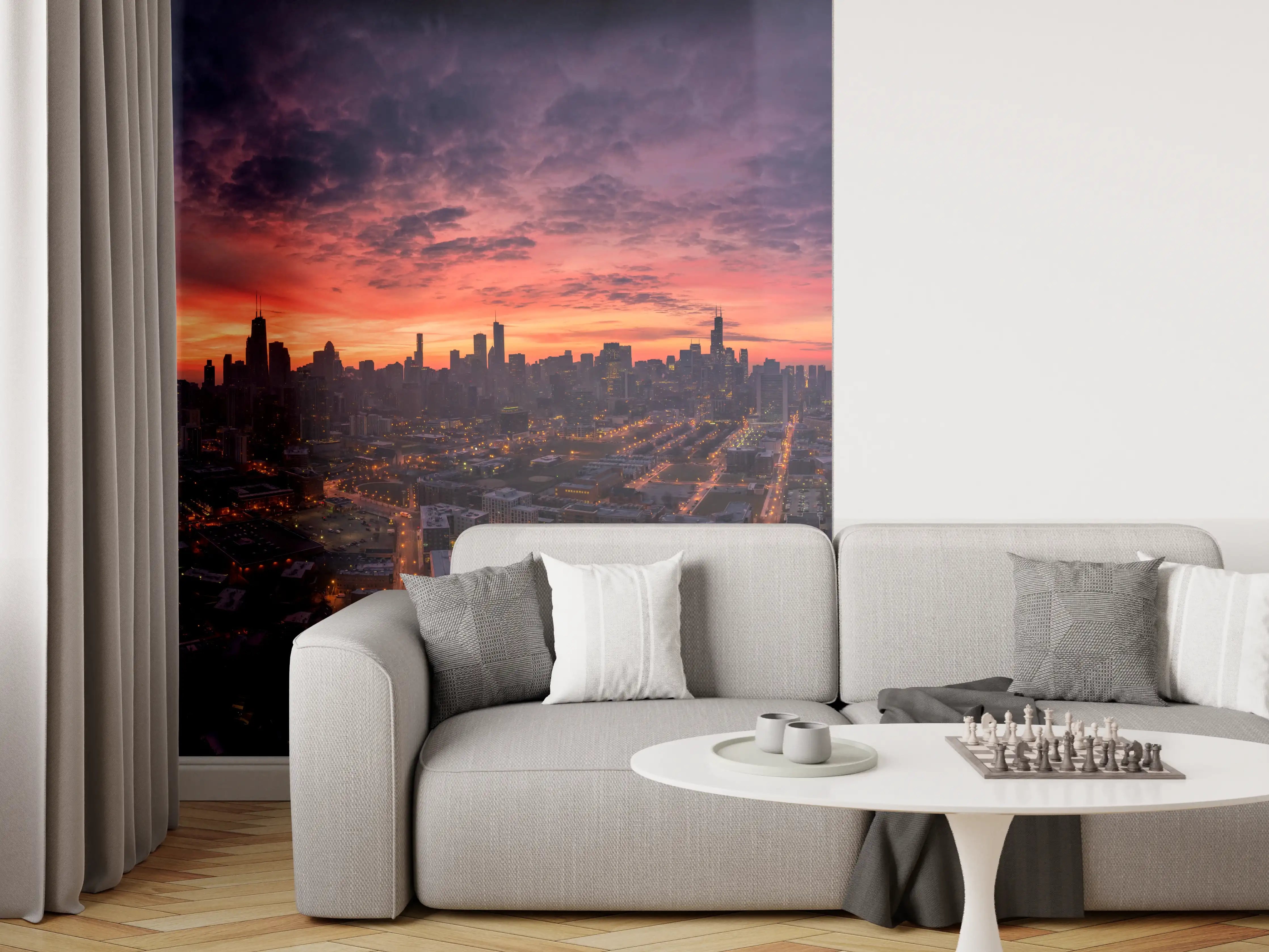 Wandverkleidung Wohnzimmer - Chicago Luftbildpanorama von Westen