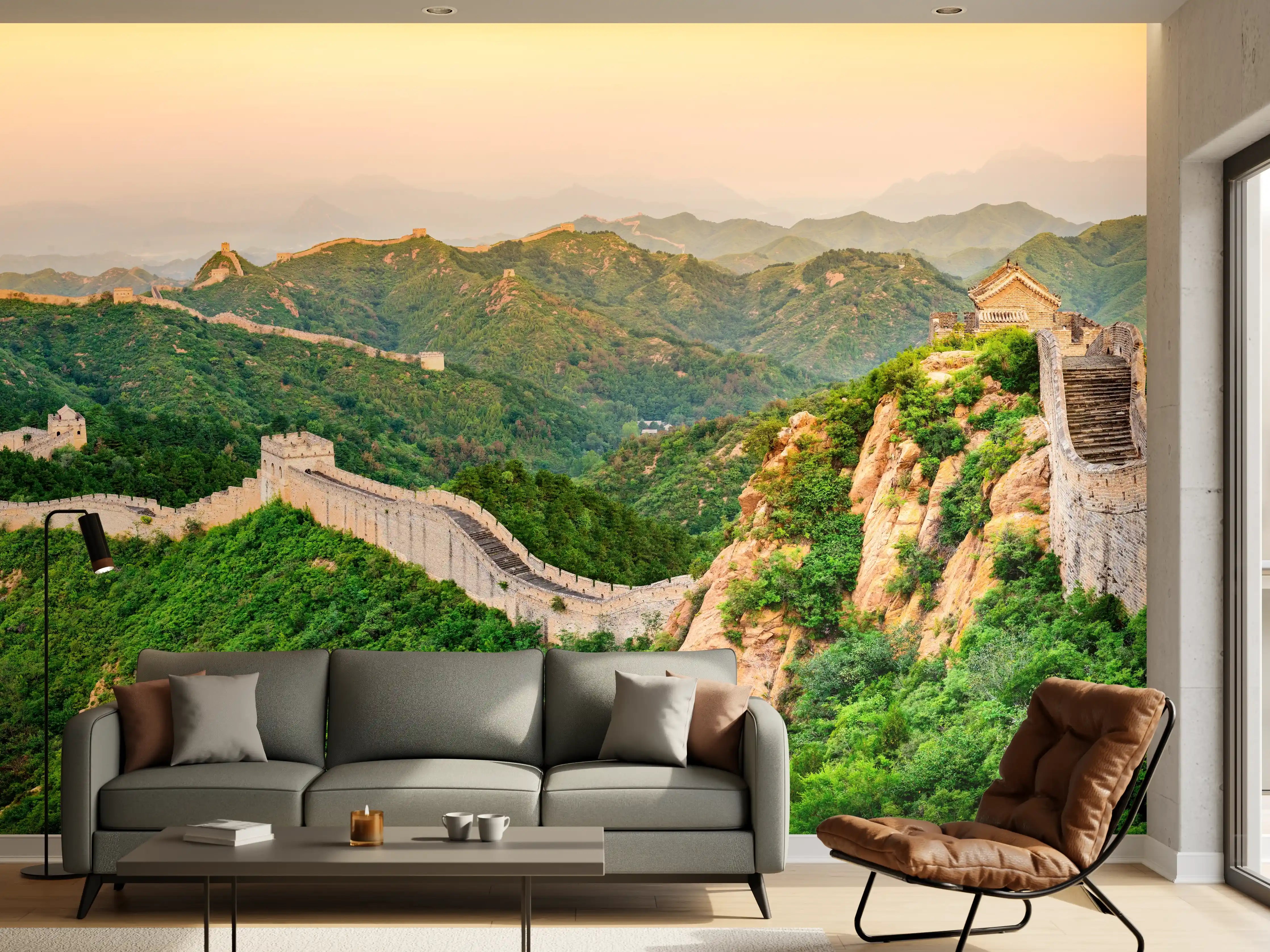Wandverkleidung Wohnzimmer - Chinesische Mauer Panorama Grün-Orange