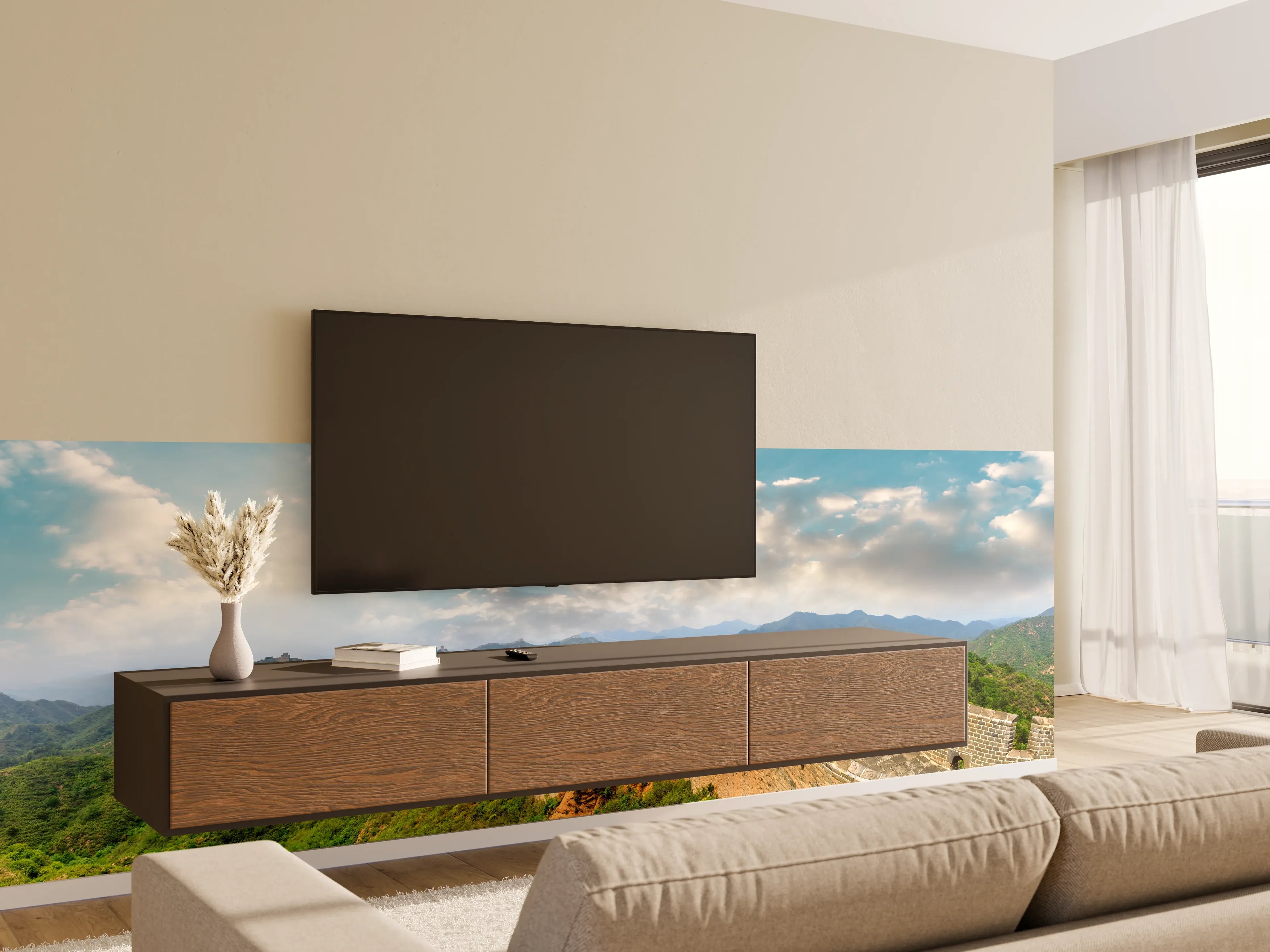 Wandverkleidung Wohnzimmer - Chinesische Mauer im Farbenspiel von Himmel und Natur