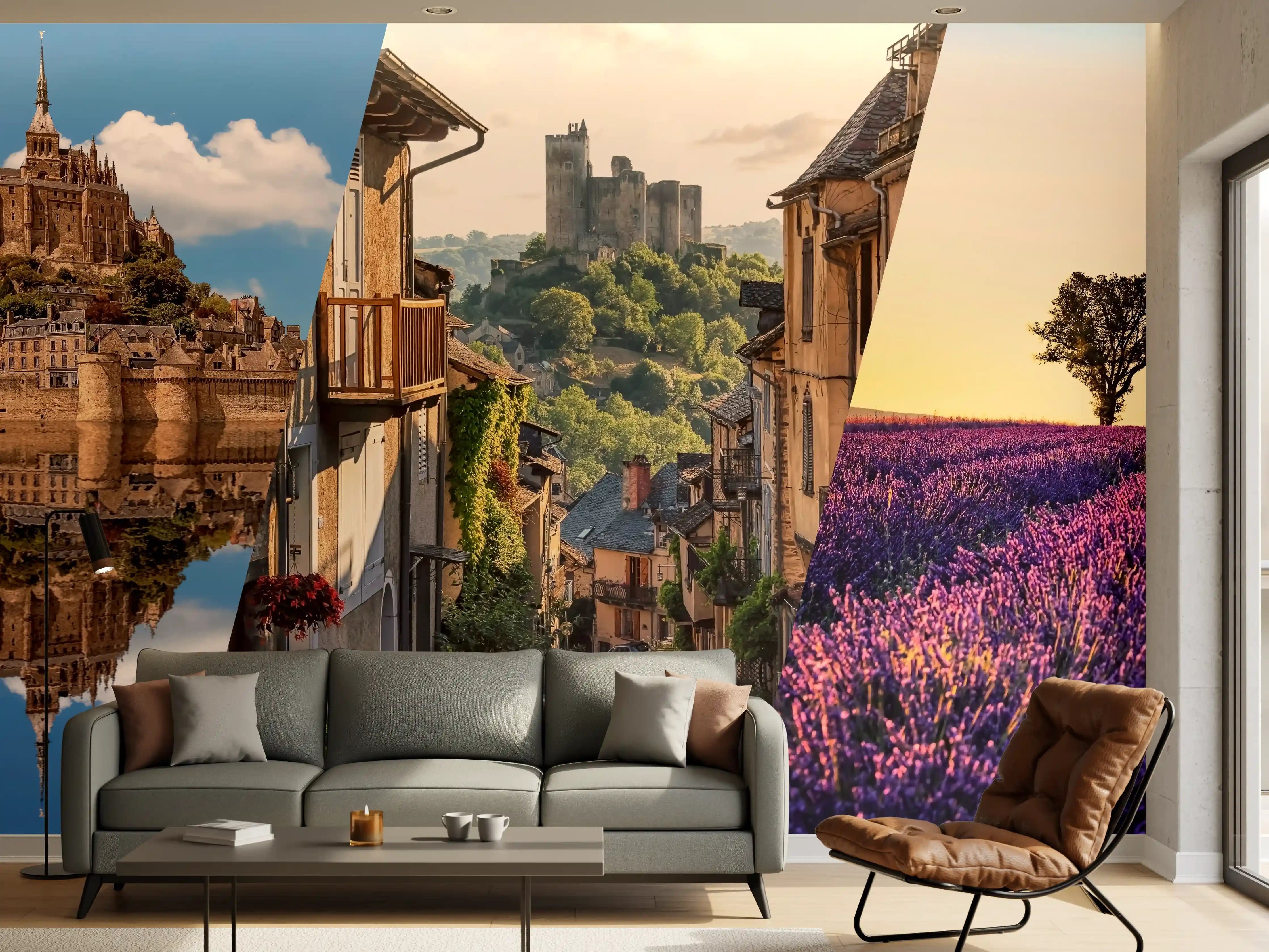 Wandverkleidung Wohnzimmer - Collage von Sehenswürdigkeiten