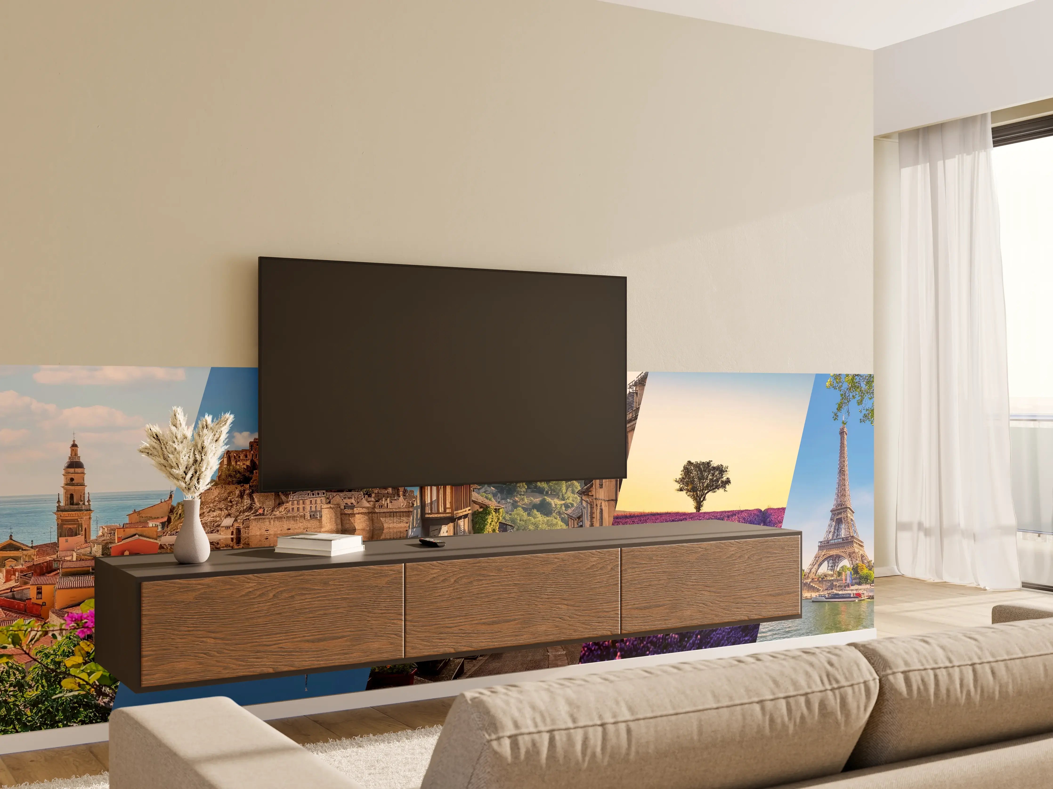 Wandverkleidung Wohnzimmer - Collage von Sehenswürdigkeiten