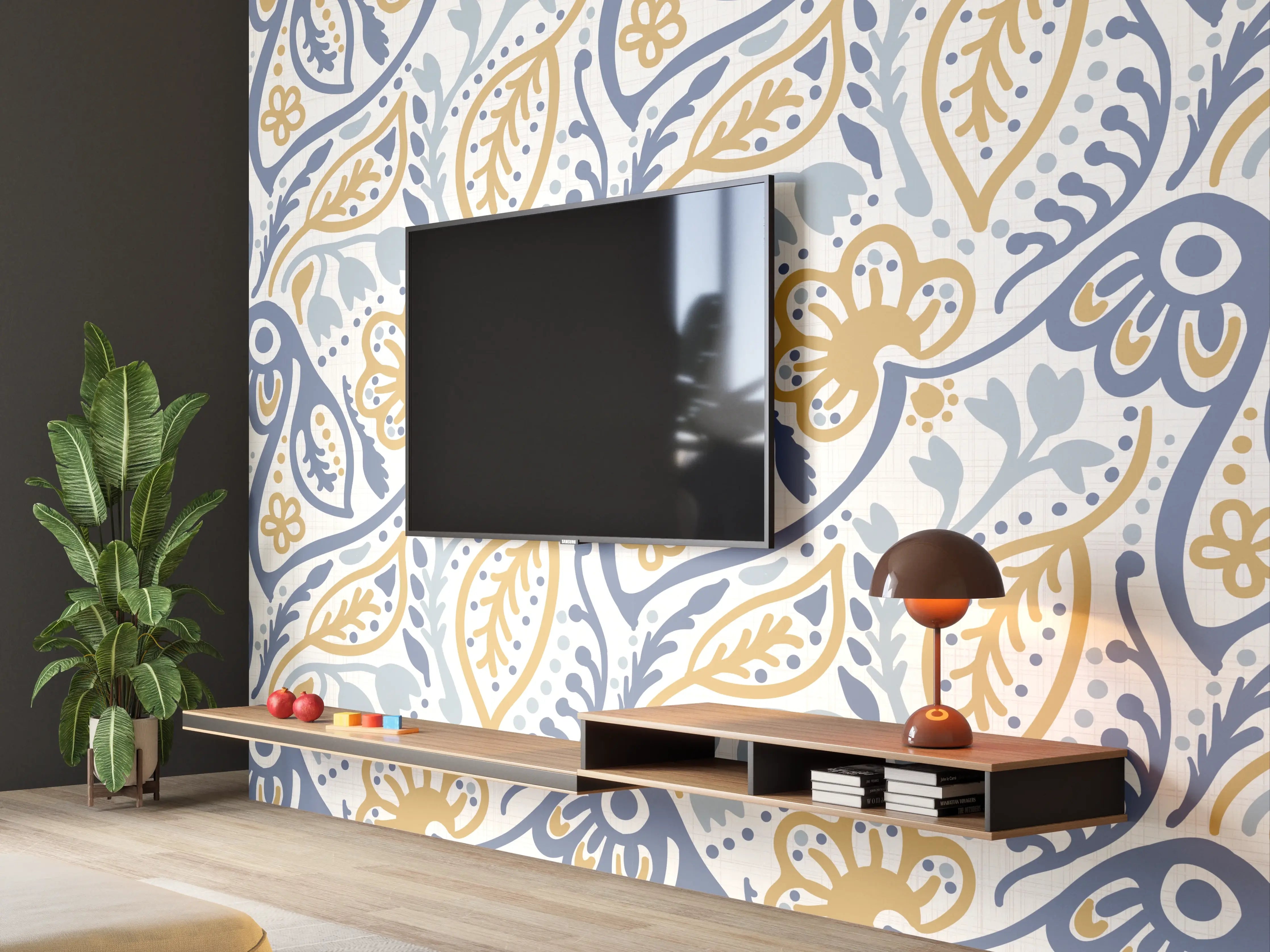 Wandverkleidung Wohnzimmer - Damastmuster Nahtlos Blau Gelb