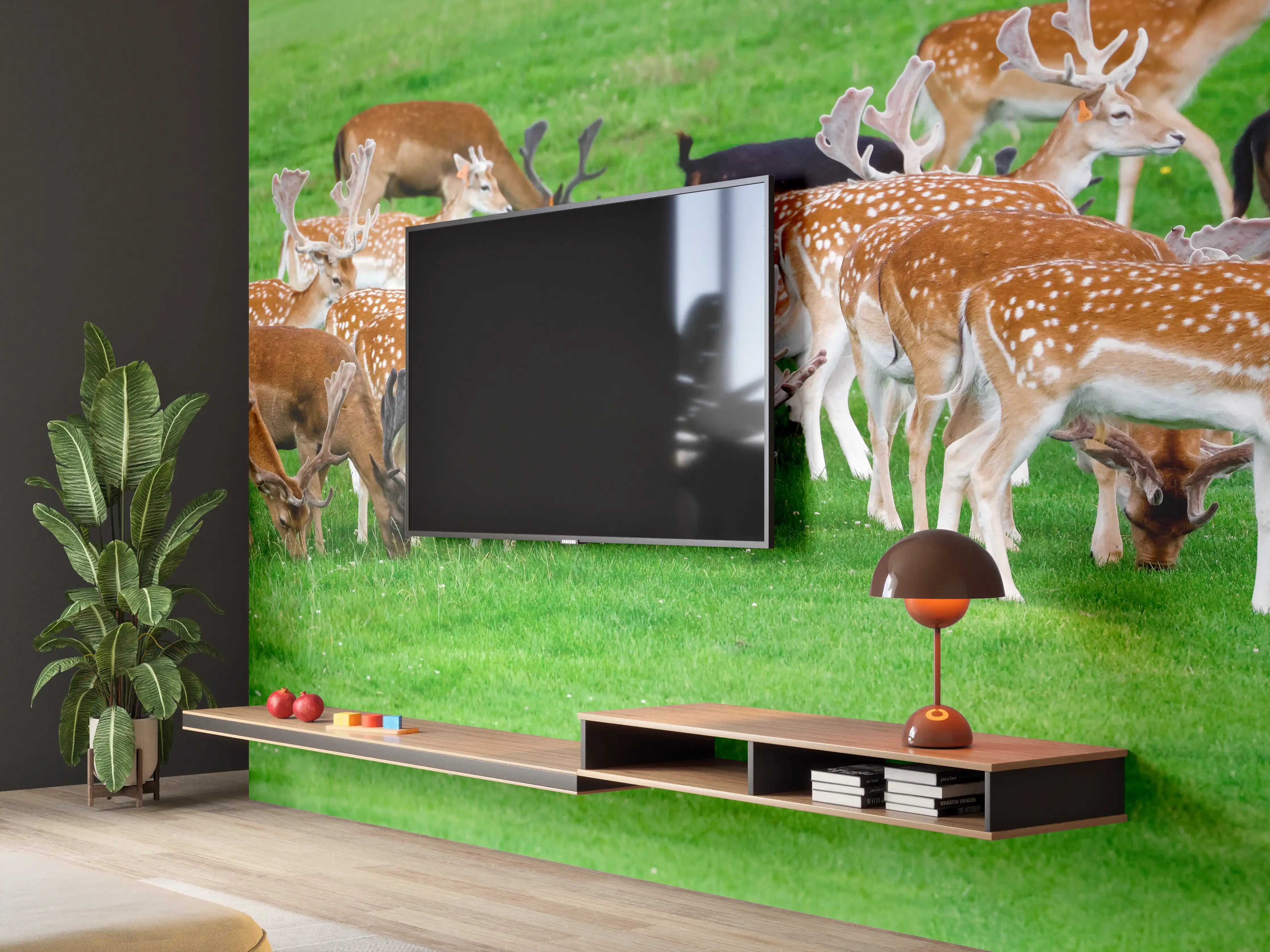 Wandverkleidung Wohnzimmer - Damwild-Herde auf grüner Wiese