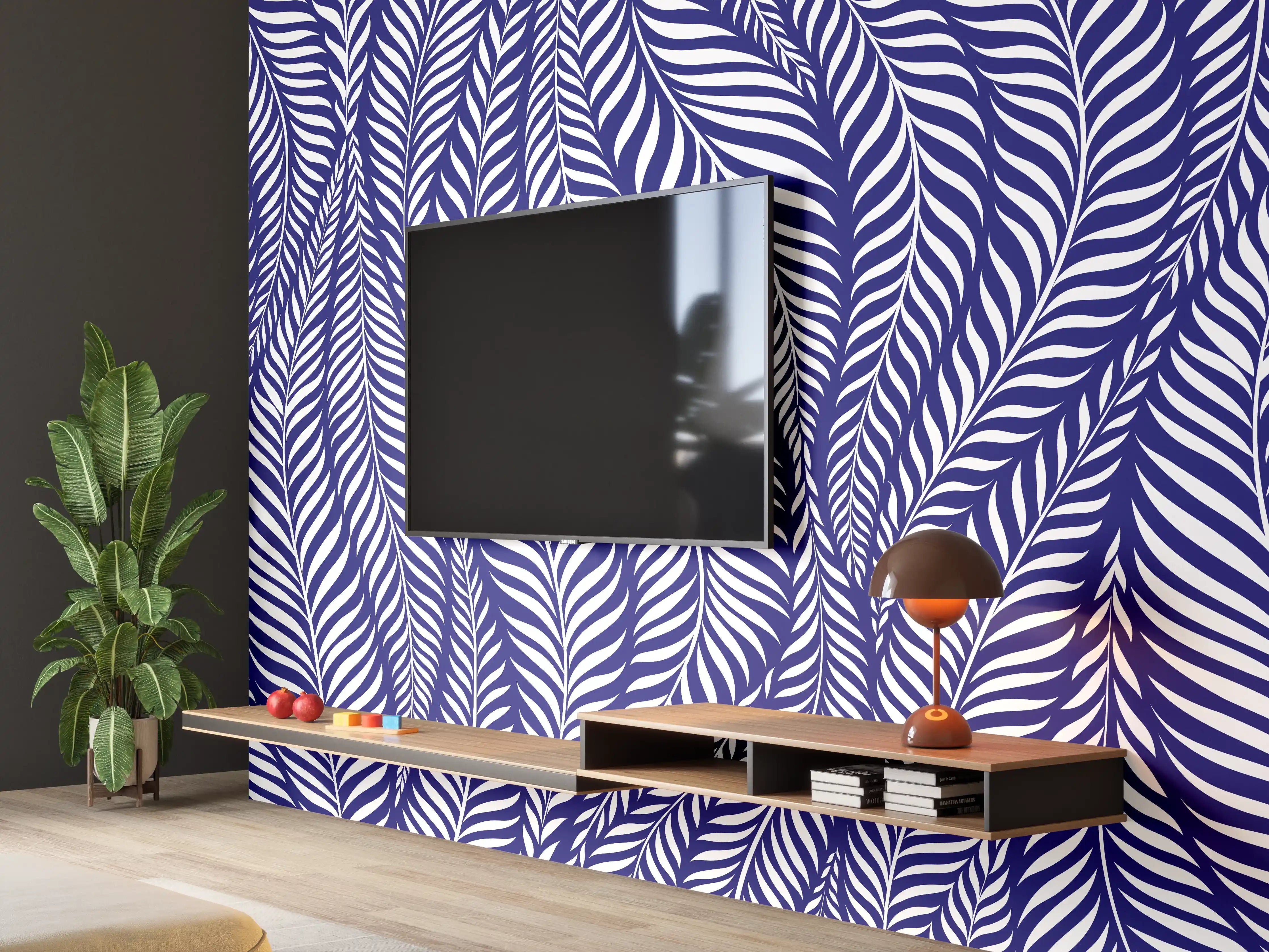 Wandverkleidung Wohnzimmer - Detailliertes Floral-Design in Blau und Weiß